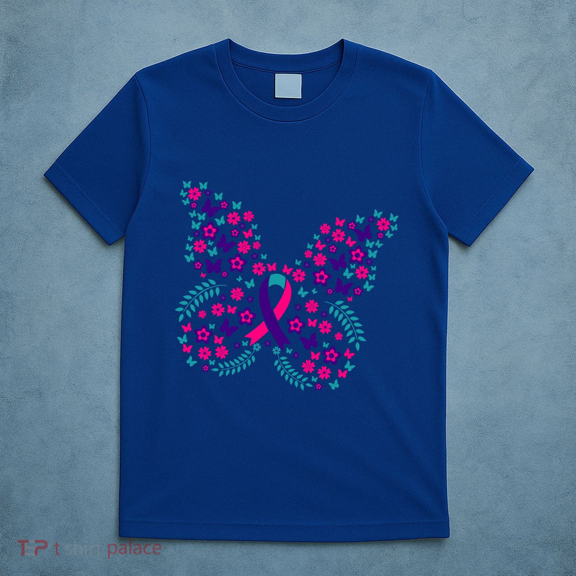 Flower Butterfly Thyroid Cancer Awareness Ribbon Funny Gift Great Gift T-Shirt