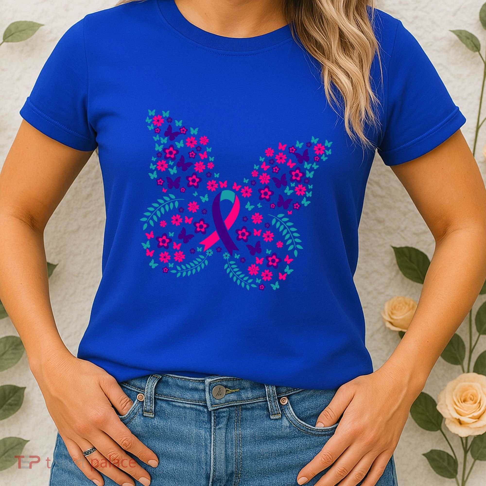 Flower Butterfly Thyroid Cancer Awareness Ribbon Funny Gift Great Gift Women's T-Shirt
