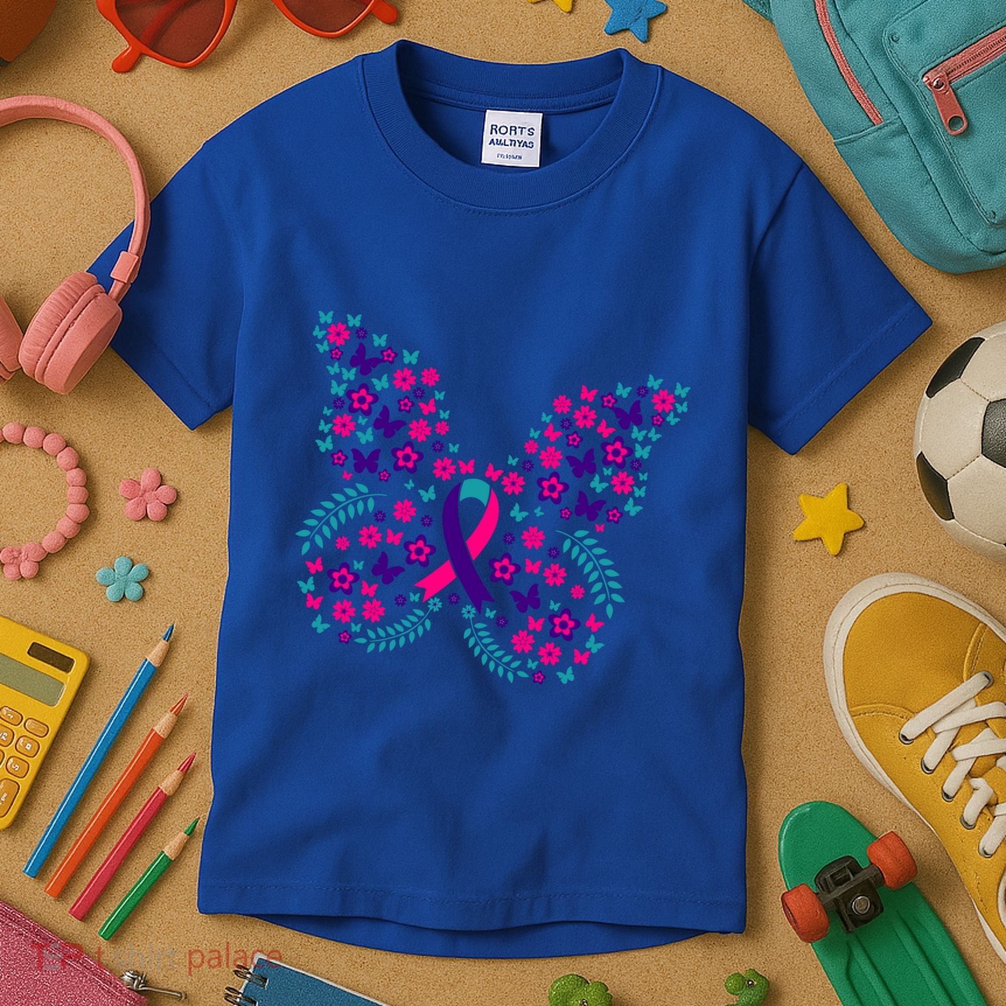 Flower Butterfly Thyroid Cancer Awareness Ribbon Funny Gift Great Gift Kids T-Shirt