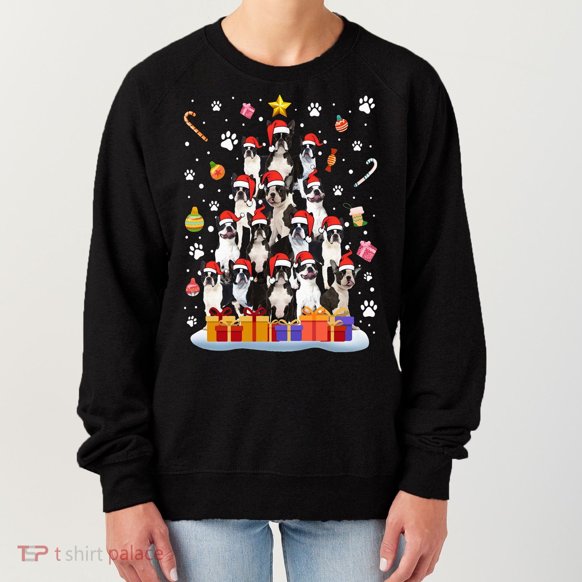 Funny Boston Terrier Dog Ugly Sweater Christmas Tree Xmas Women's Sweatshirt