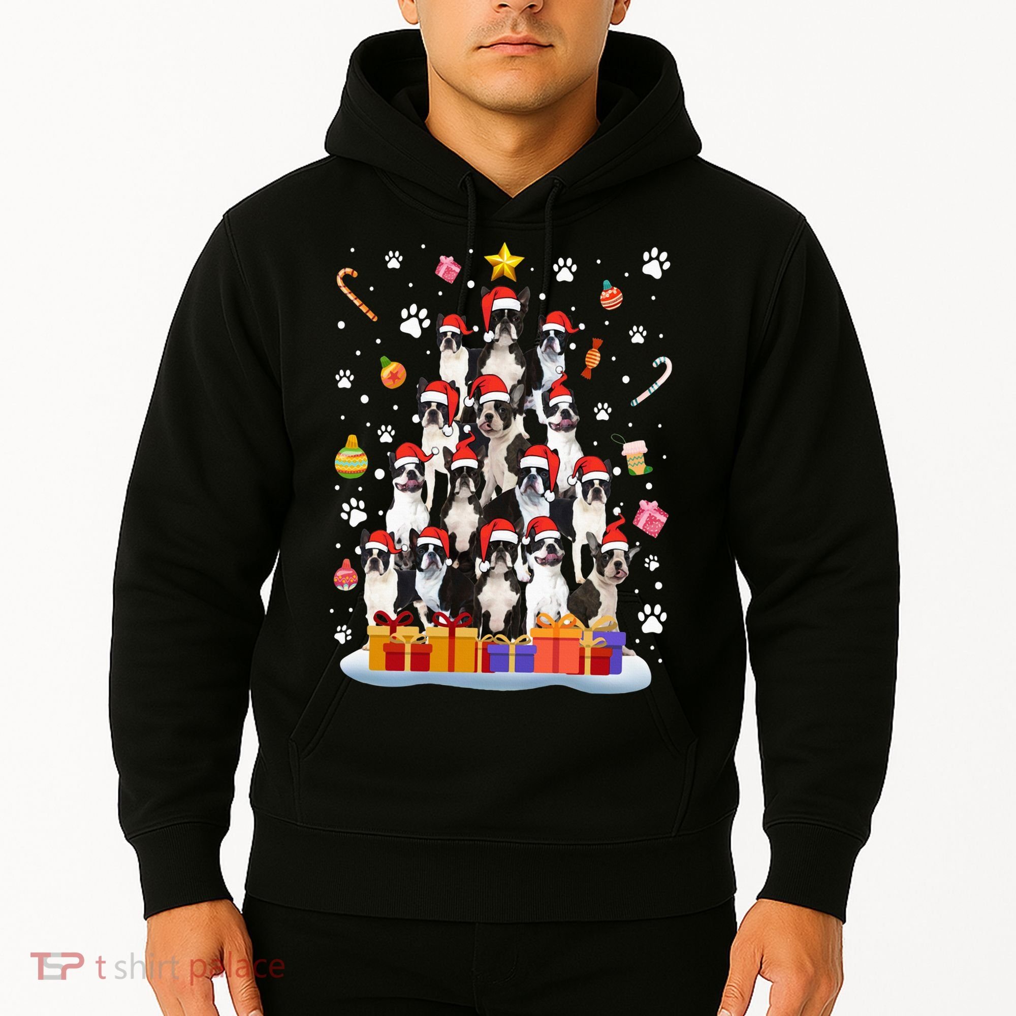 Funny Boston Terrier Dog Ugly Sweater Christmas Tree Xmas Hoodie