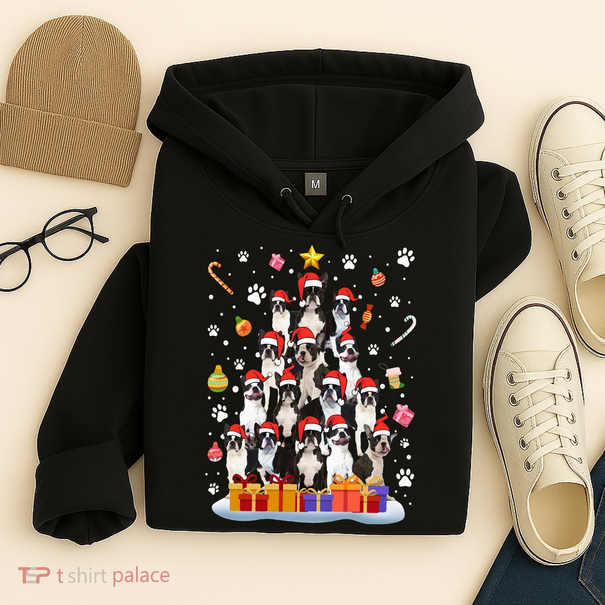 Funny Boston Terrier Dog Ugly Sweater Christmas Tree Xmas Hoodie