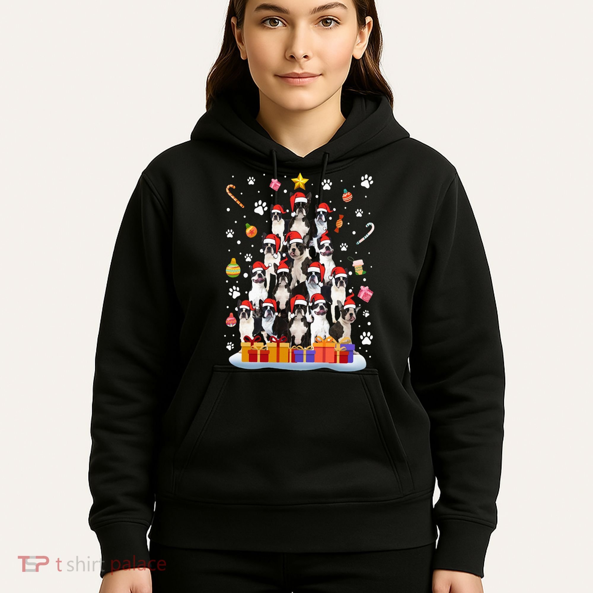 Funny Boston Terrier Dog Ugly Sweater Christmas Tree Xmas Hoodie