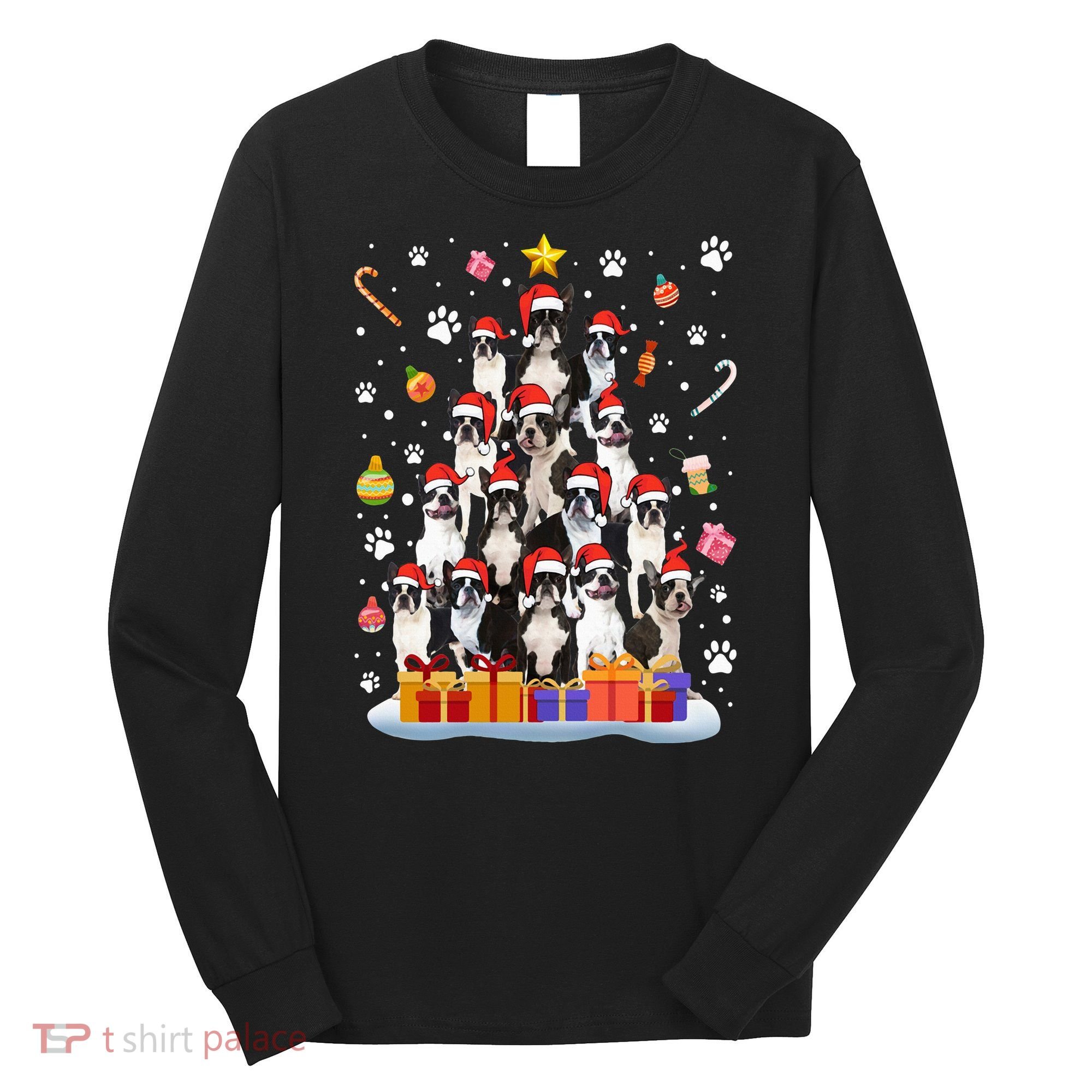 Funny Boston Terrier Dog Ugly Sweater Christmas Tree Xmas Long Sleeve Shirt
