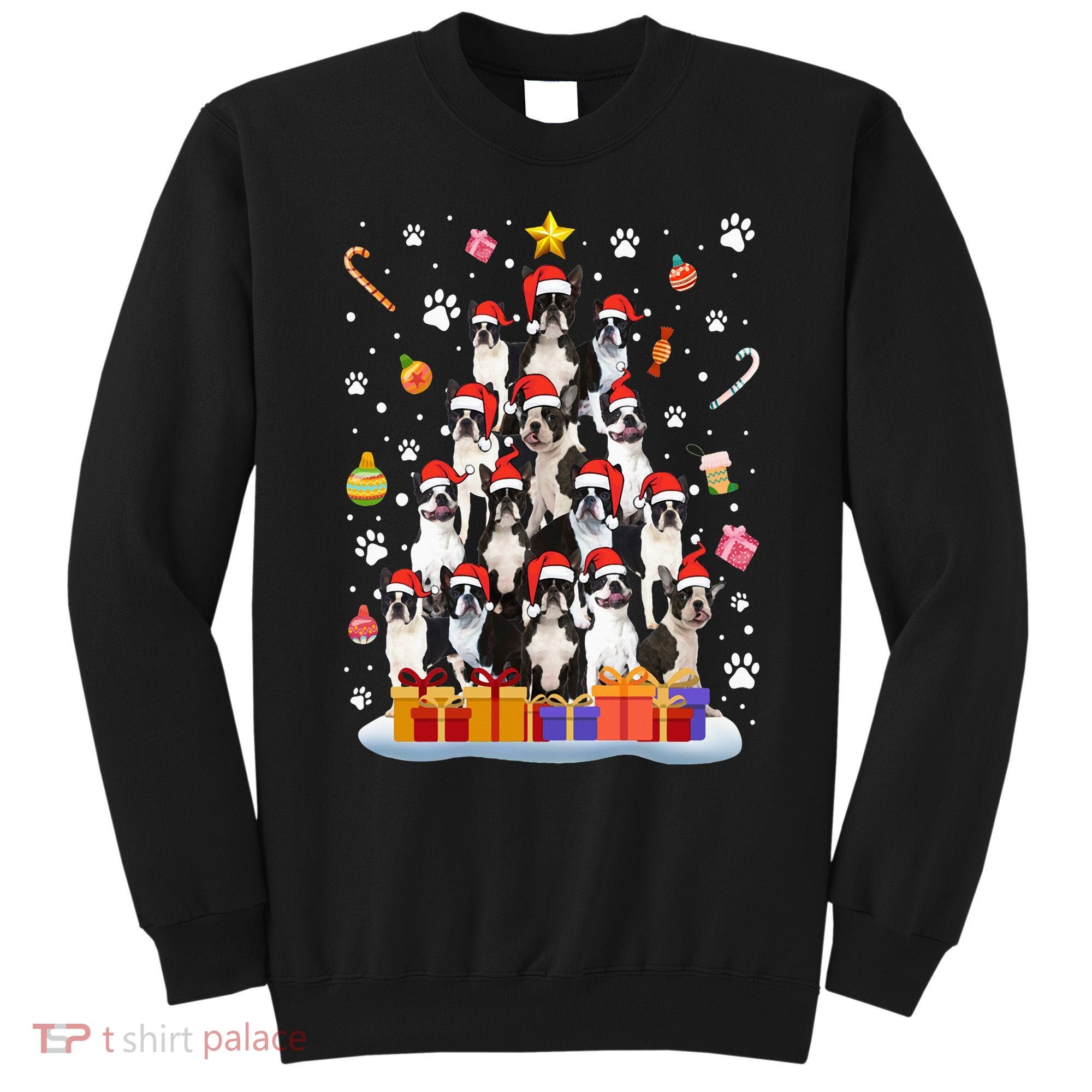Funny Boston Terrier Dog Ugly Sweater Christmas Tree Xmas Sweatshirt