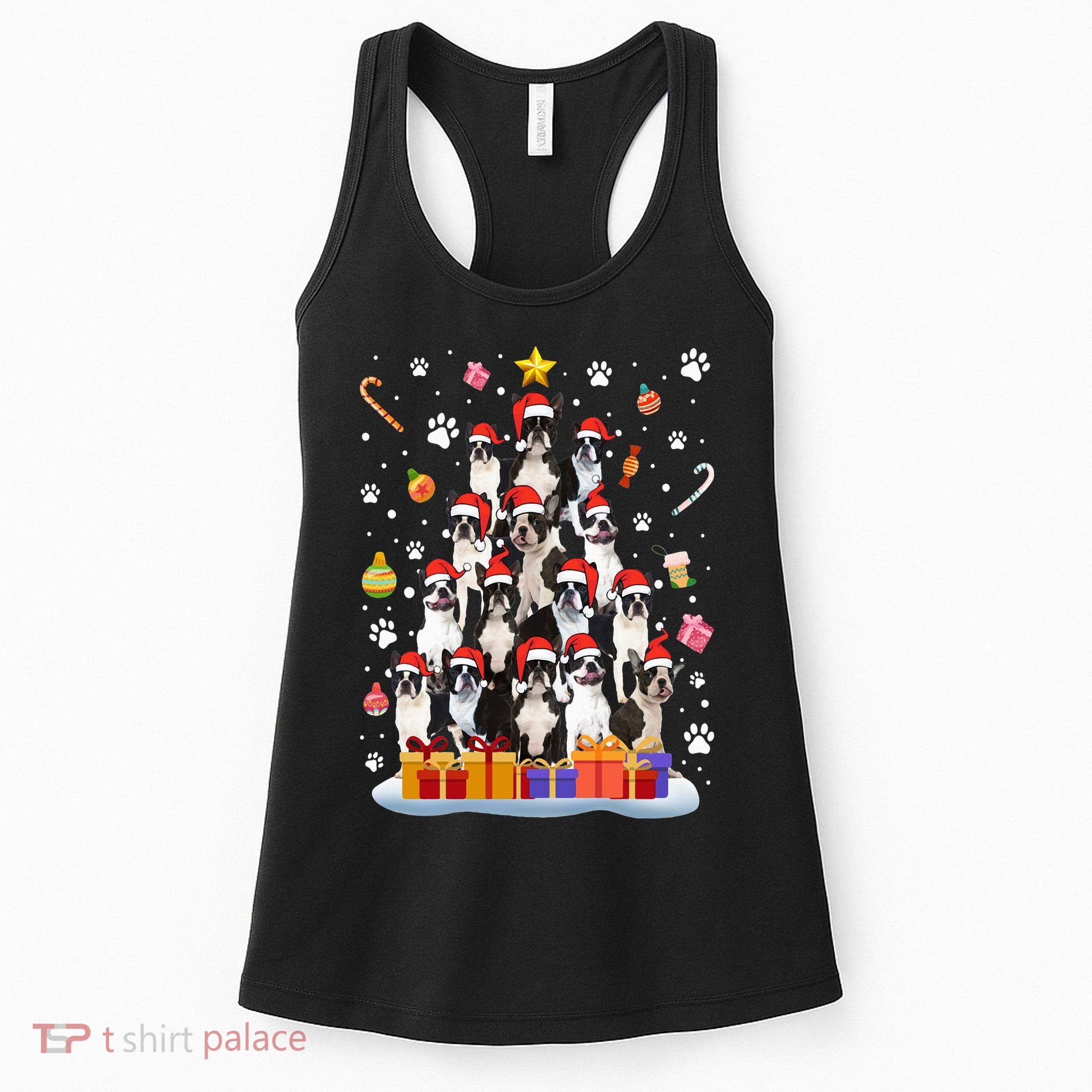Funny Boston Terrier Dog Ugly Sweater Christmas Tree Xmas Women's Tank Top