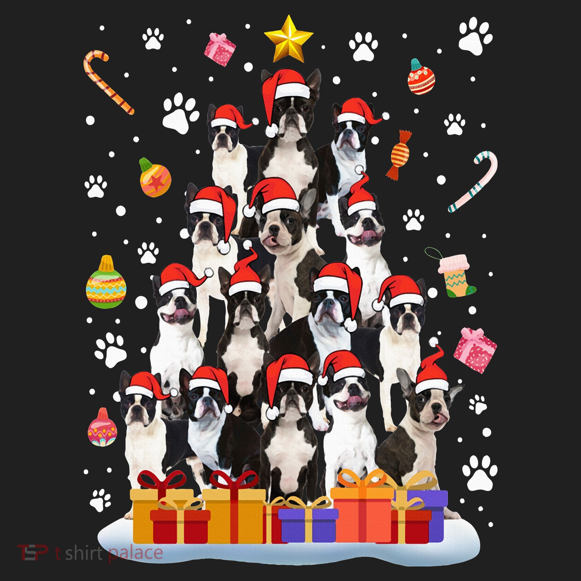 Funny Boston Terrier Dog Ugly Sweater Christmas Tree Xmas Hat