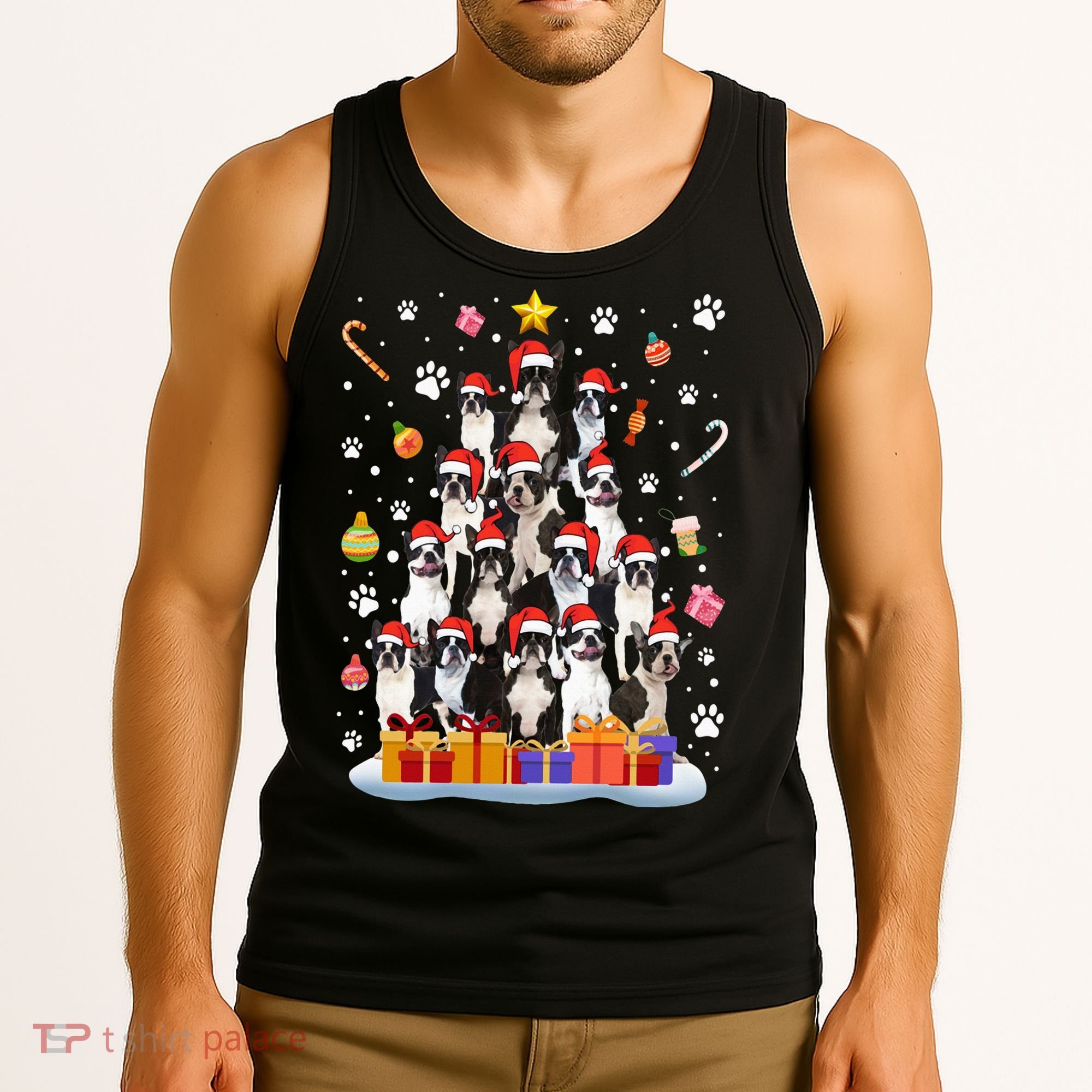Funny Boston Terrier Dog Ugly Sweater Christmas Tree Xmas Tank Top