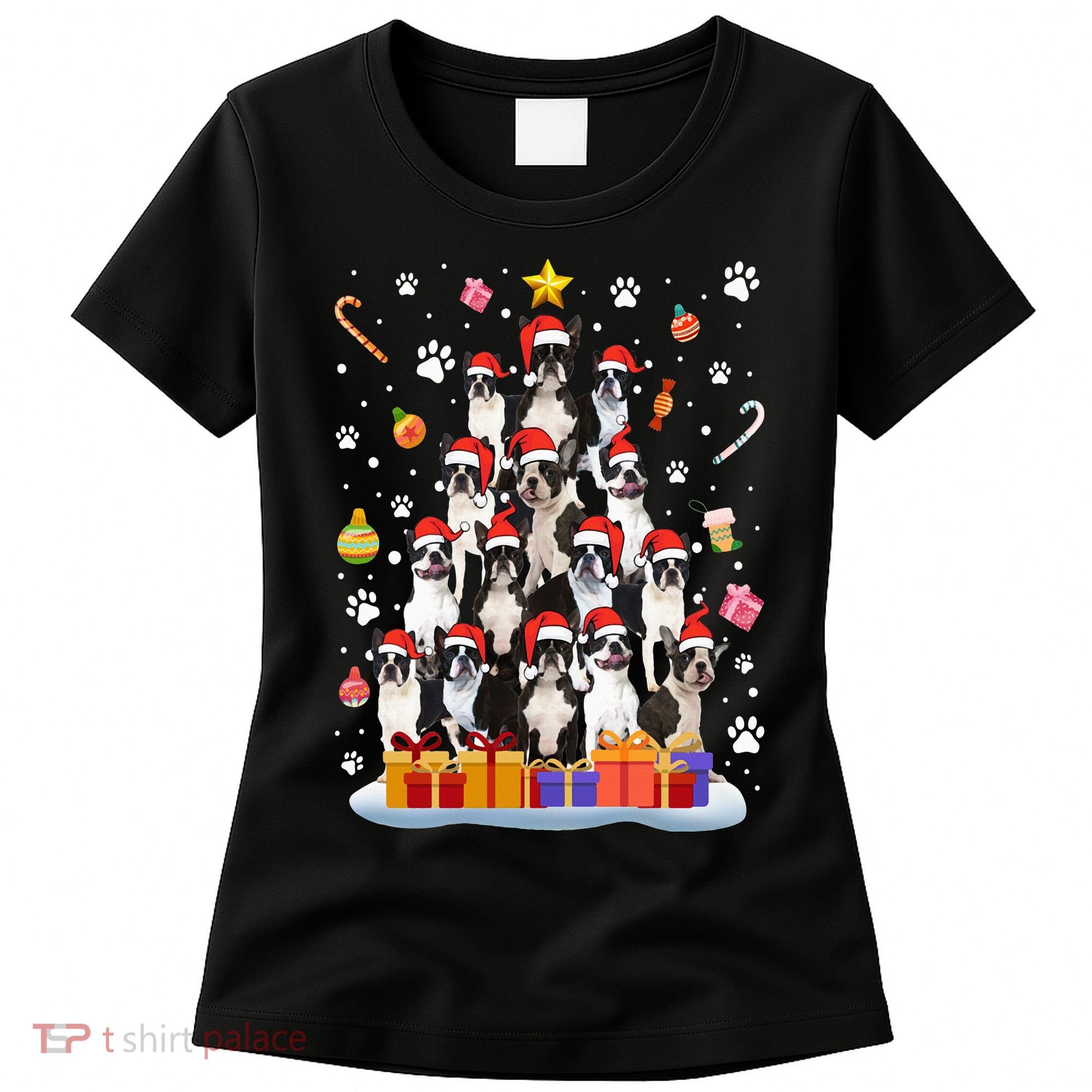 Funny Boston Terrier Dog Ugly Sweater Christmas Tree Xmas Women's T-Shirt