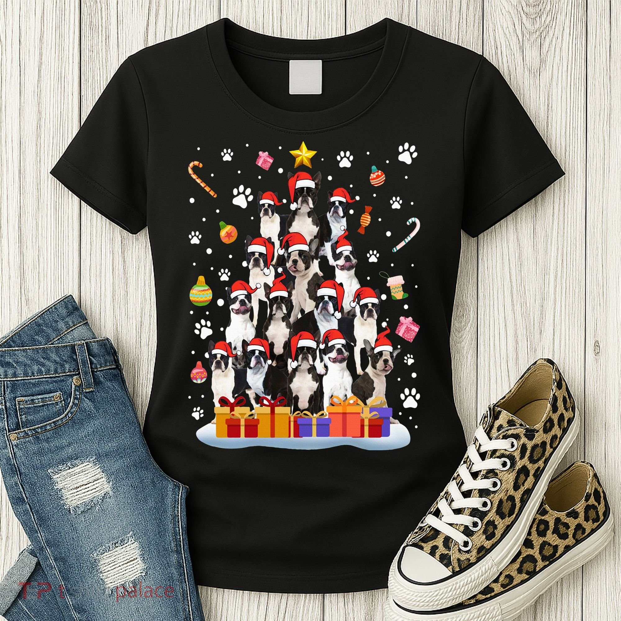 Funny Boston Terrier Dog Ugly Sweater Christmas Tree Xmas Women's T-Shirt