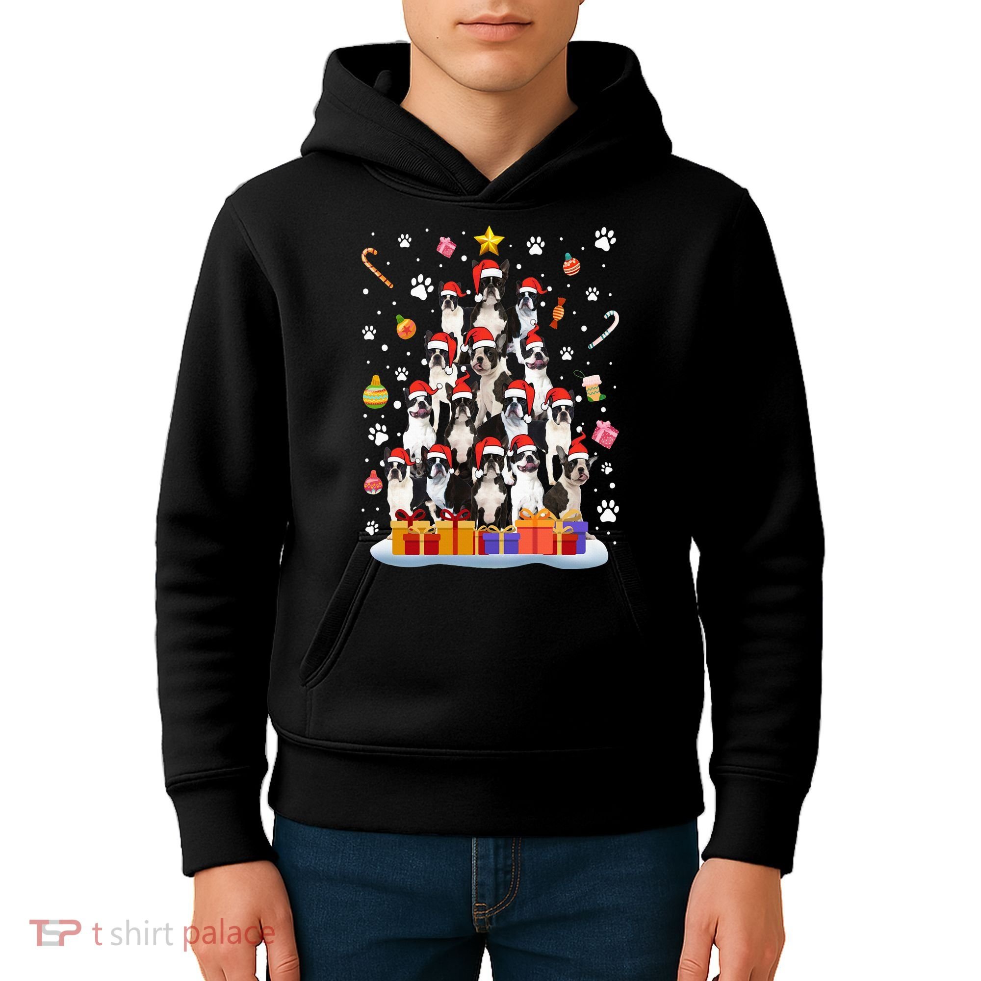 Funny Boston Terrier Dog Ugly Sweater Christmas Tree Xmas Kids Hoodie