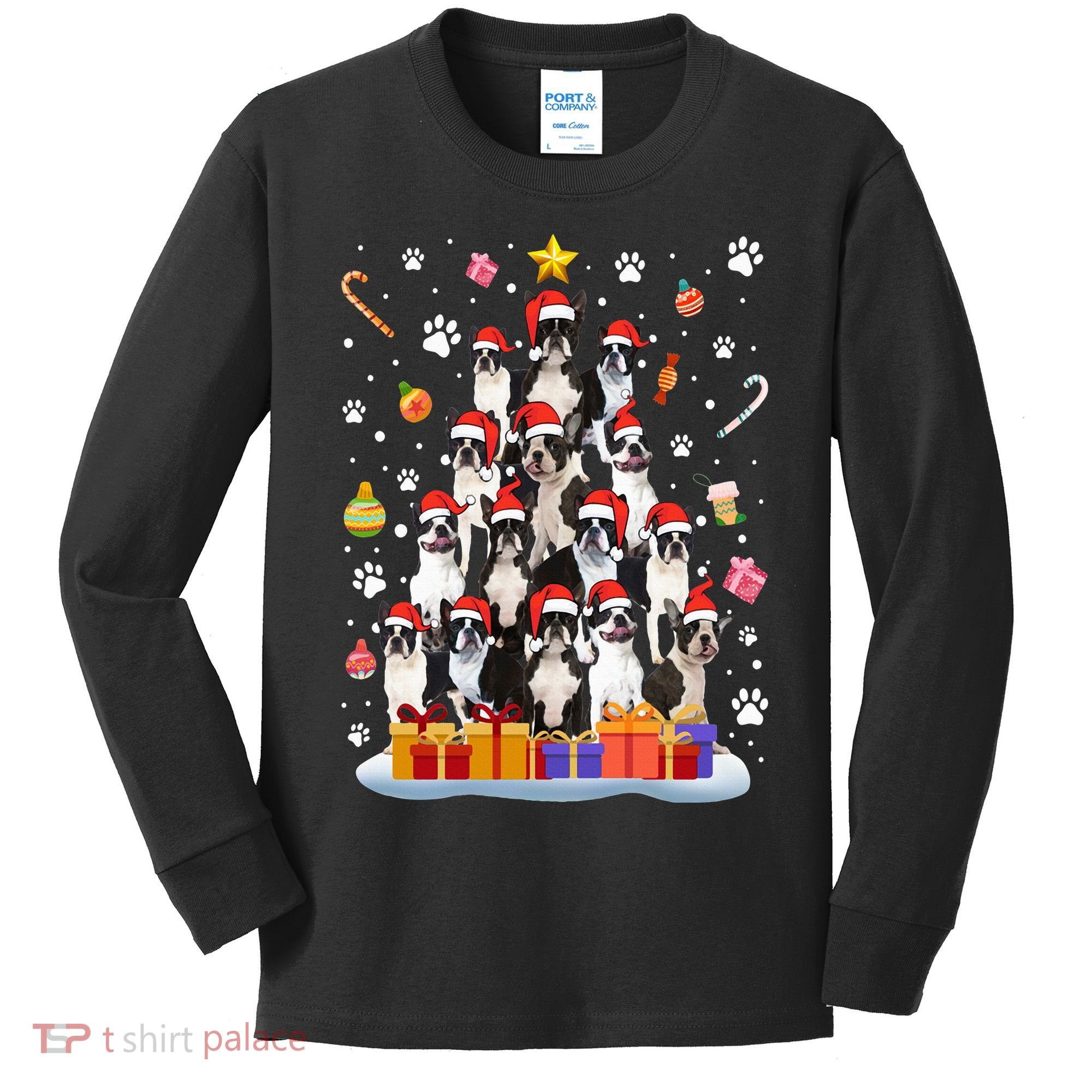 Funny Boston Terrier Dog Ugly Sweater Christmas Tree Xmas Kids Long Sleeve Shirt