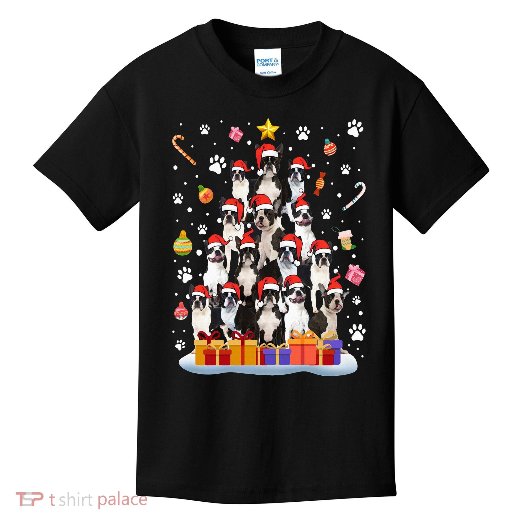 Funny Boston Terrier Dog Ugly Sweater Christmas Tree Xmas Kids T-Shirt