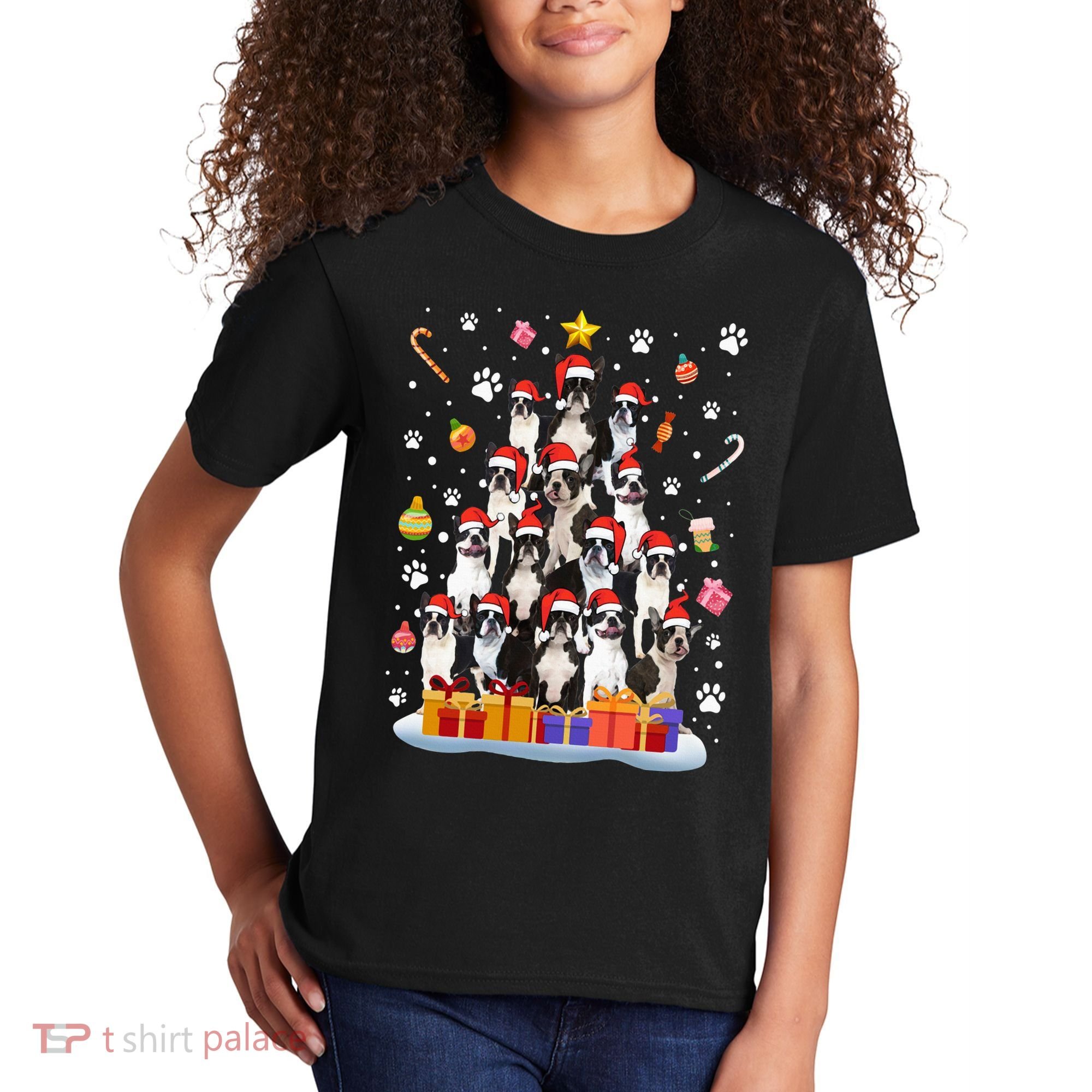 Funny Boston Terrier Dog Ugly Sweater Christmas Tree Xmas Kids T-Shirt