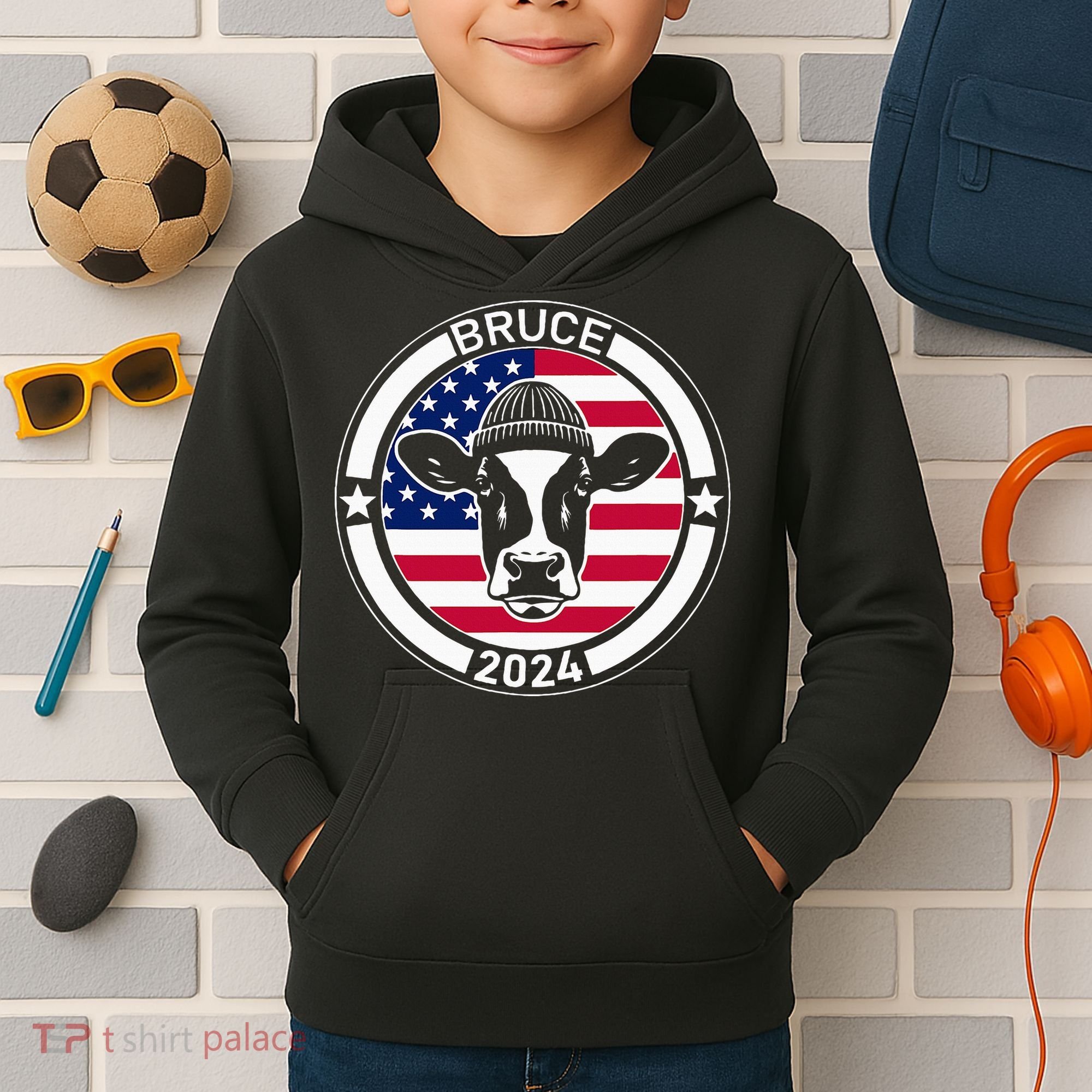 Funny Bruce The Cow Head Bruce For President 2024 Kids Hoodie