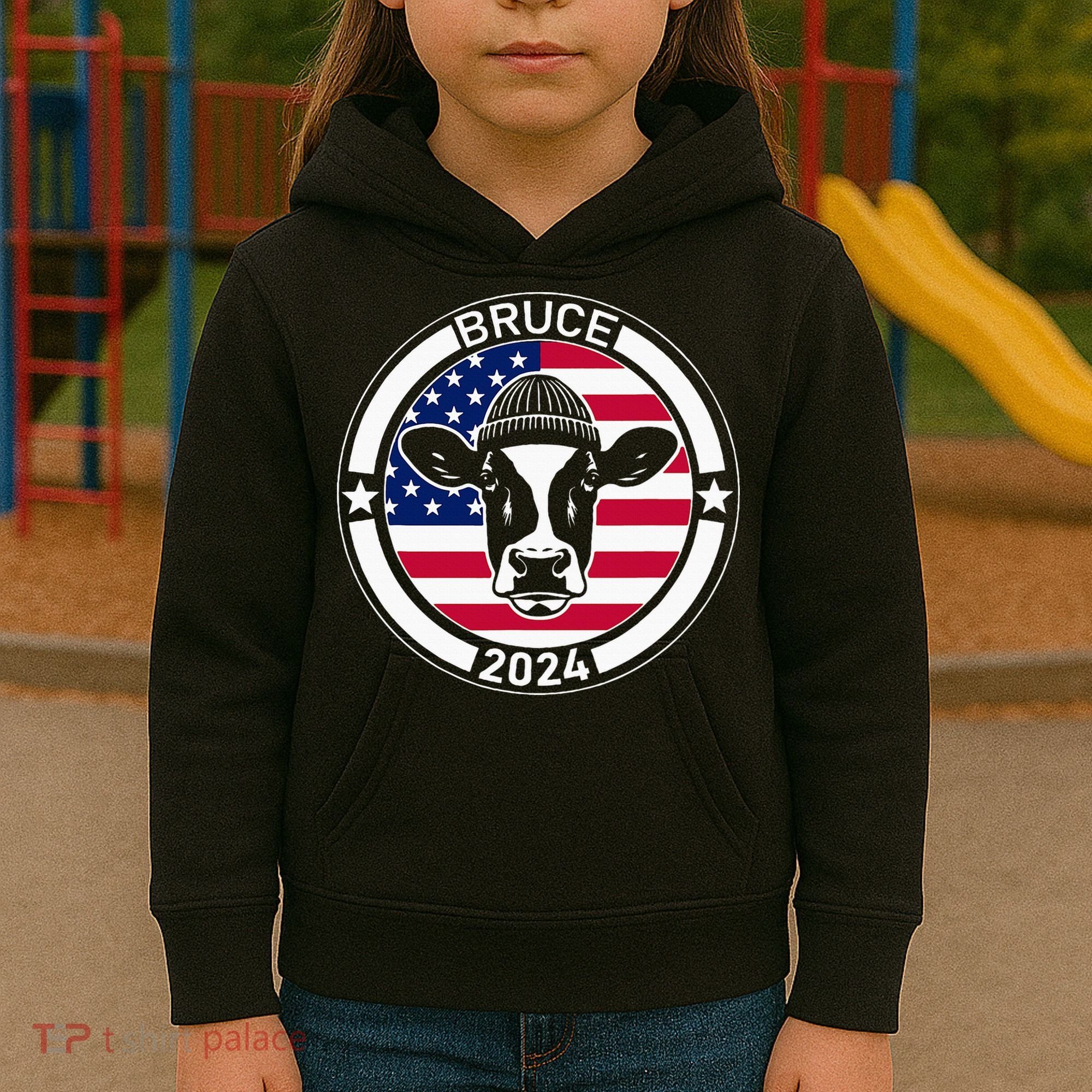 Funny Bruce The Cow Head Bruce For President 2024 Kids Hoodie