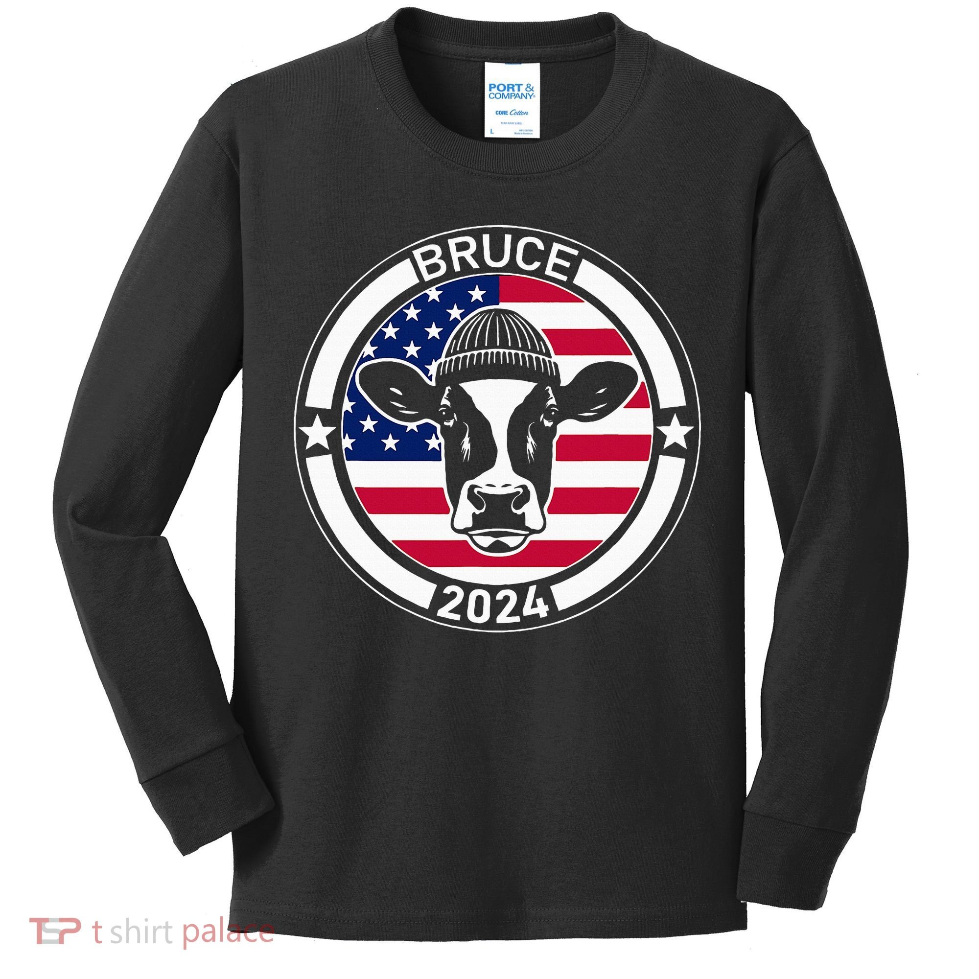 Funny Bruce The Cow Head Bruce For President 2024 Kids Long Sleeve Shirt