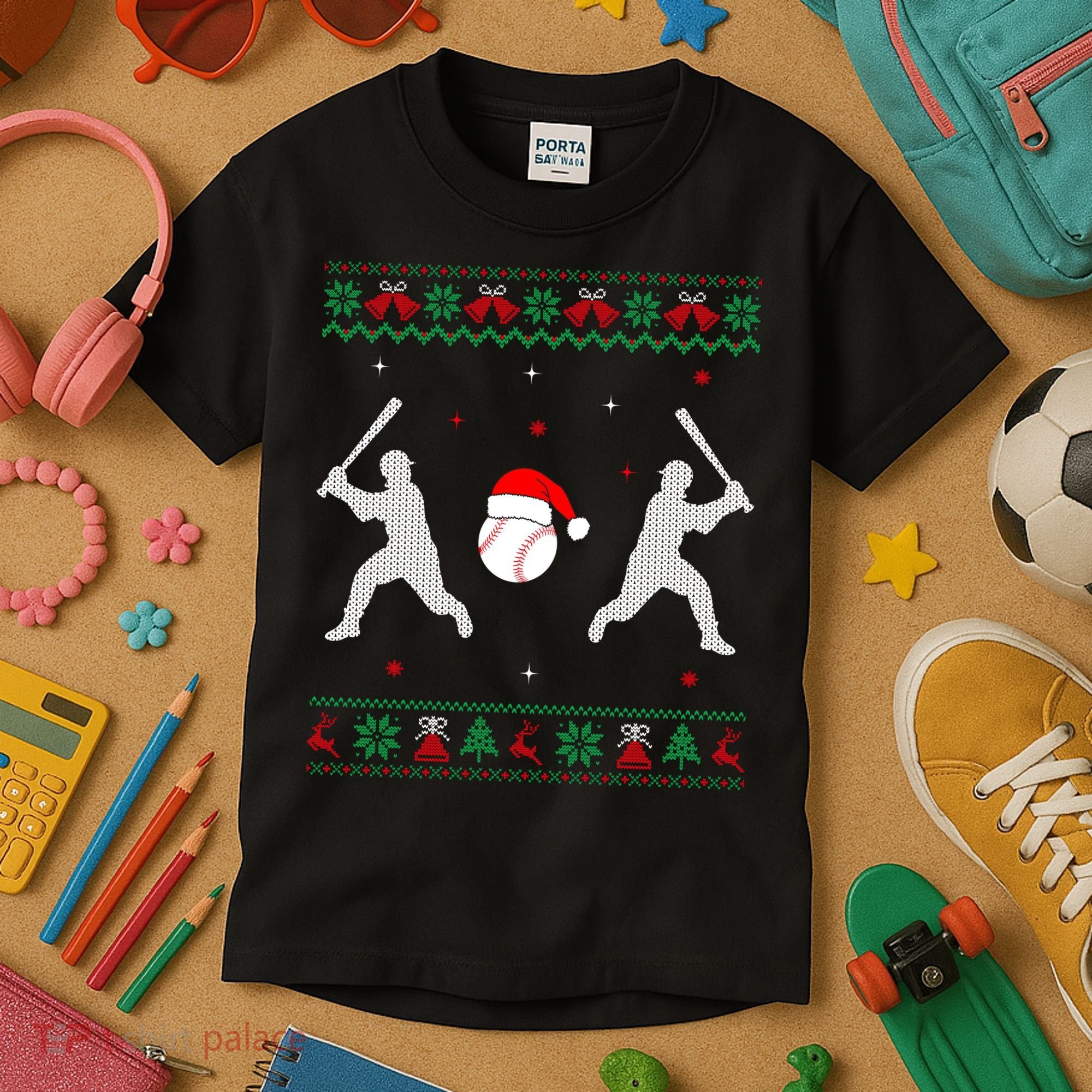 Funny Baseball Ugly Christmas Sweater Xmas Baseball Player Kids T-Shirt