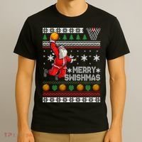 Funny Basketball Ugly Christmas Sweater Santa Merry Swishmas T-Shirt thumb 3