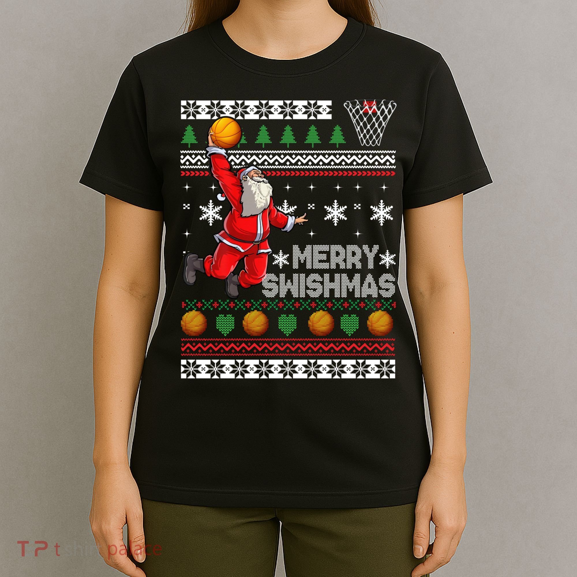 Funny Basketball Ugly Christmas Sweater Santa Merry Swishmas T-Shirt