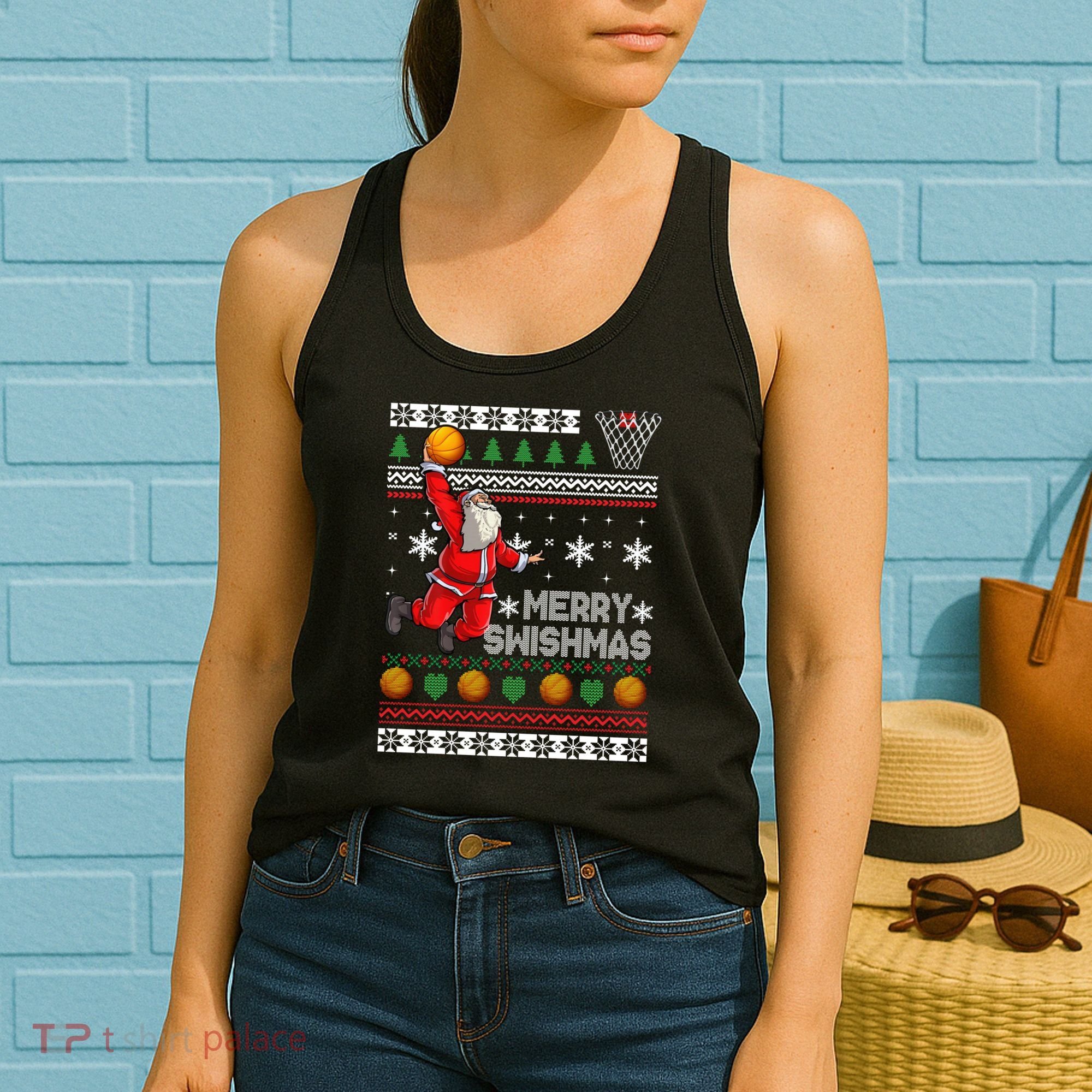 Funny Basketball Ugly Christmas Sweater Santa Merry Swishmas Women's Tank Top