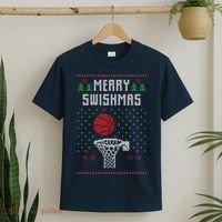 Funny Basketball Ugly Christmas Sweater Gift Merry Swishmas T-Shirt thumb 2