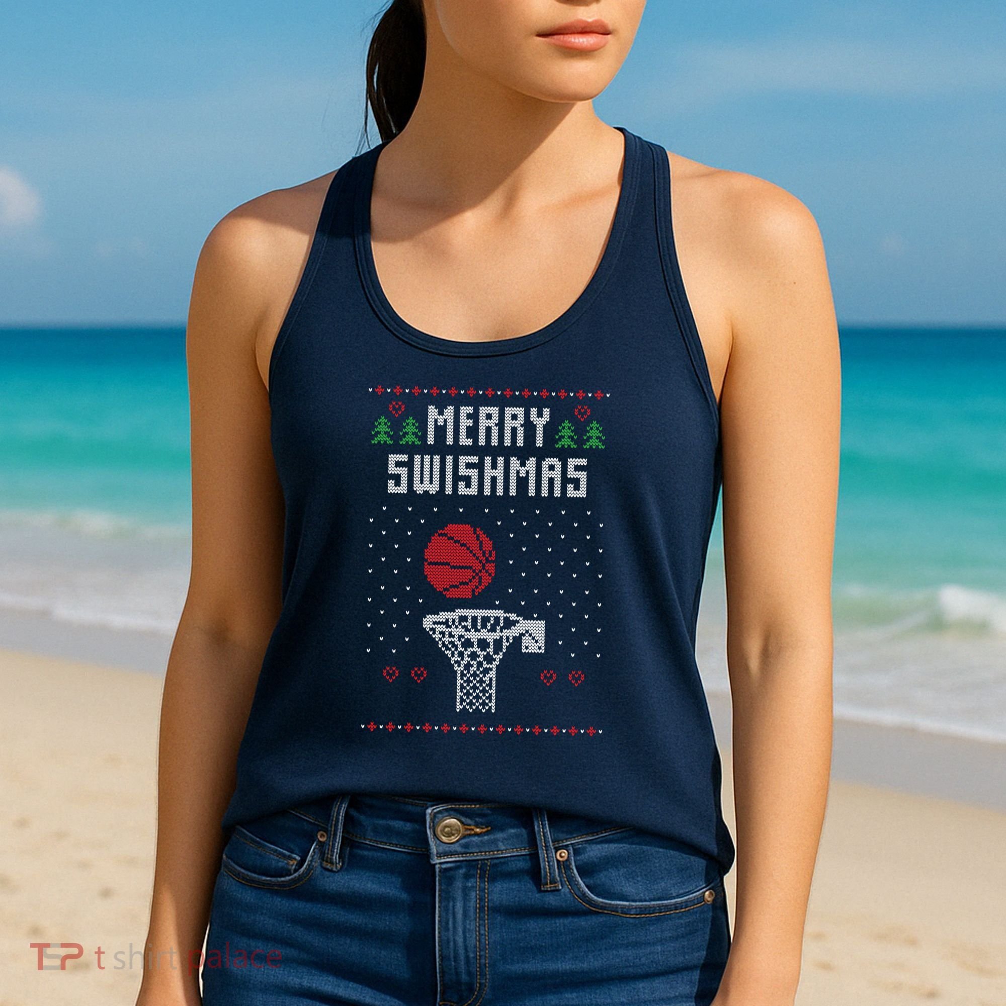 Funny Basketball Ugly Christmas Sweater Gift Merry Swishmas Women's Tank Top