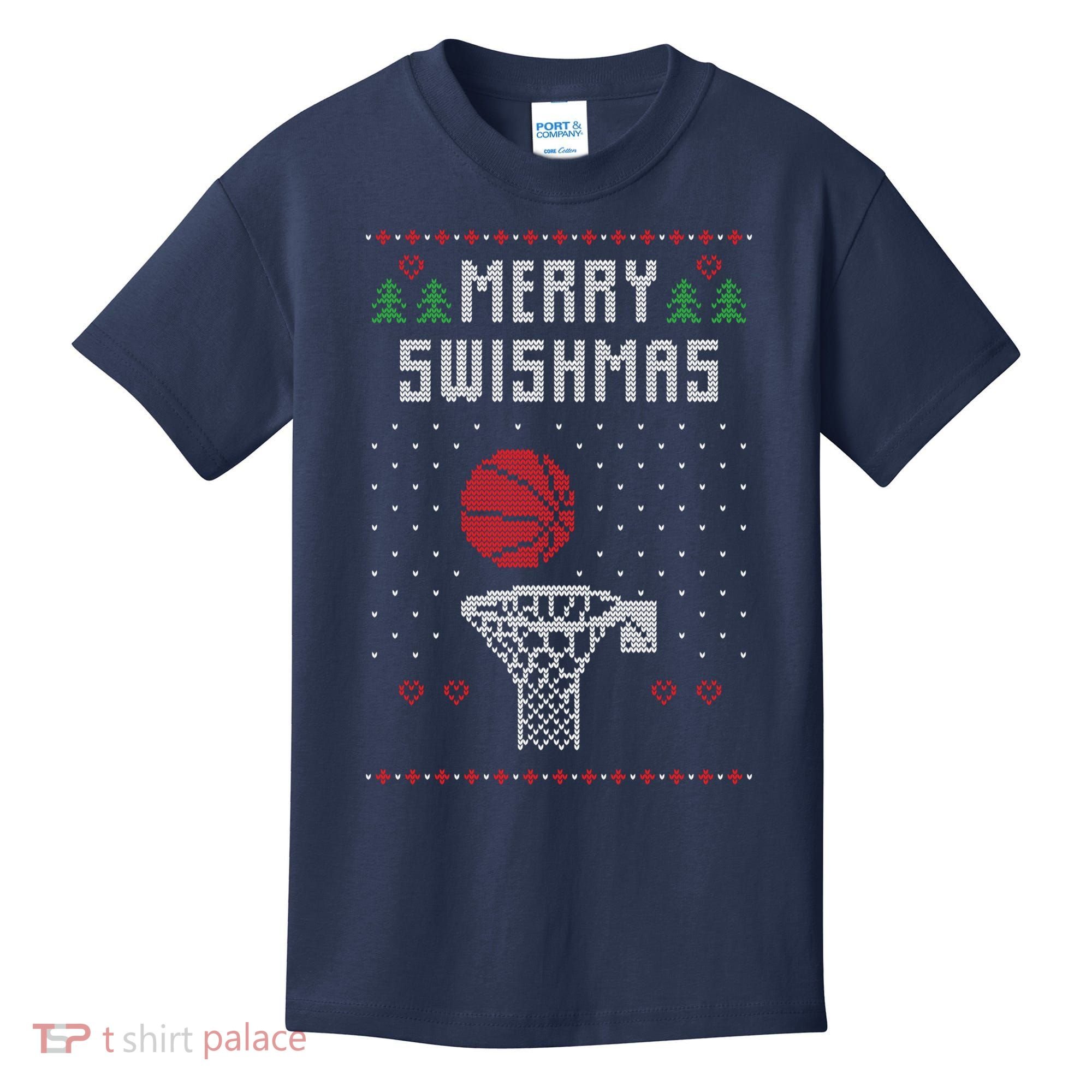 Funny Basketball Ugly Christmas Sweater Gift Merry Swishmas Kids T-Shirt