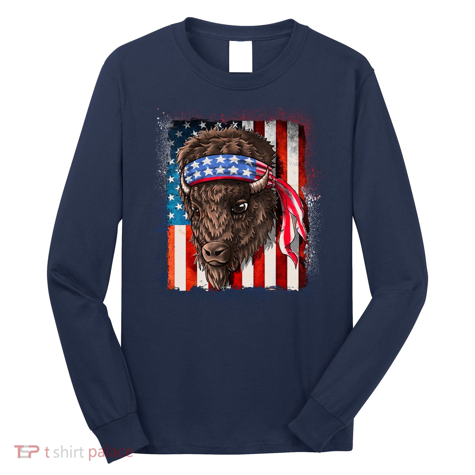Funny Buffalo With American USA Flag Bandana Long Sleeve Shirt