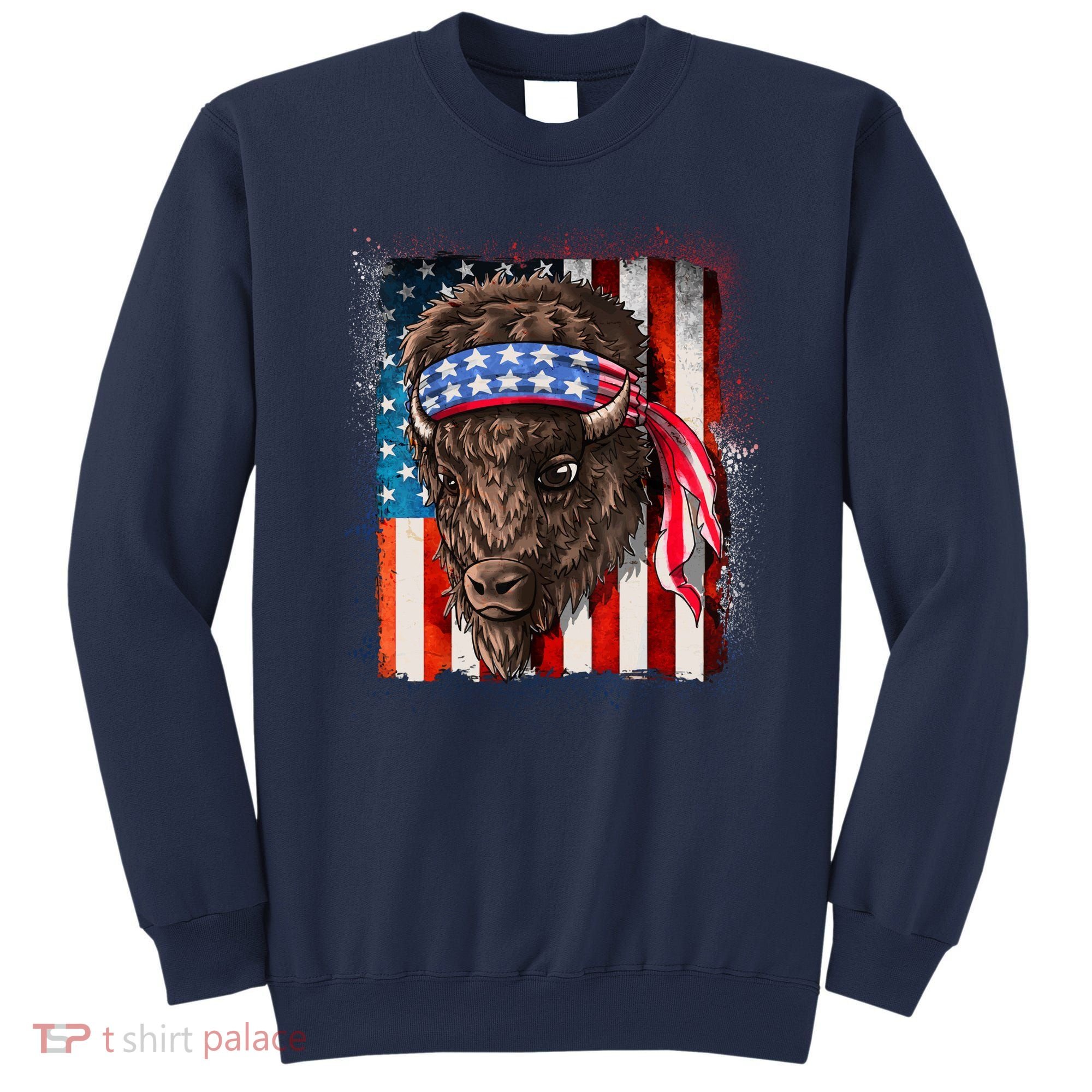 Funny Buffalo With American USA Flag Bandana Sweatshirt