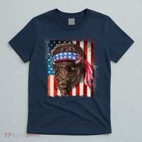Funny Buffalo With American USA Flag Bandana T-Shirt thumb 5