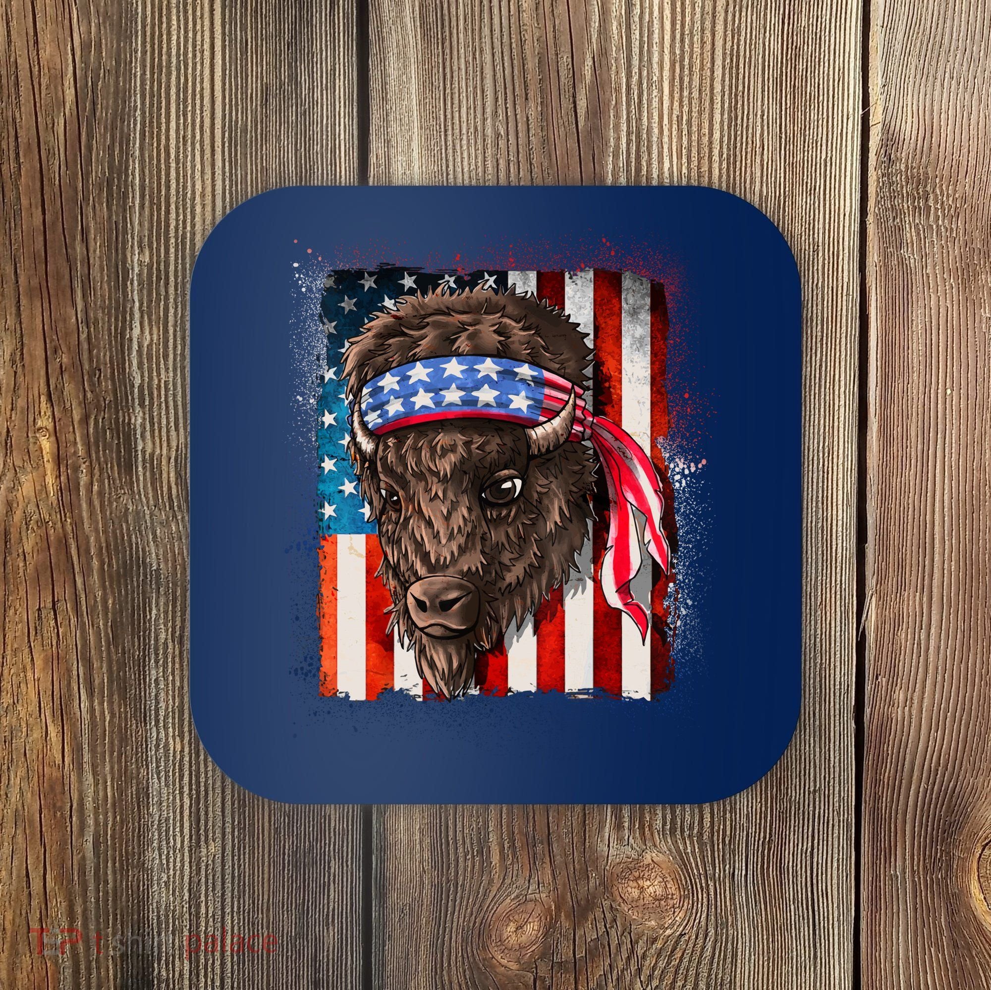 Funny Buffalo With American USA Flag Bandana Coaster