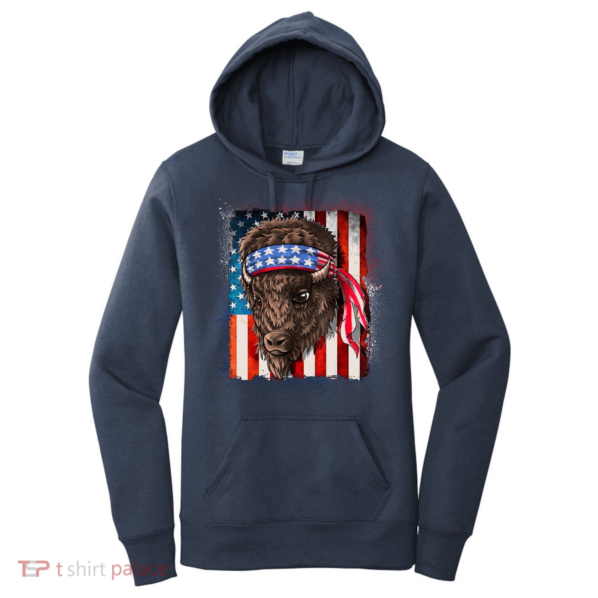 Funny Buffalo With American USA Flag Bandana Women's Hoodie