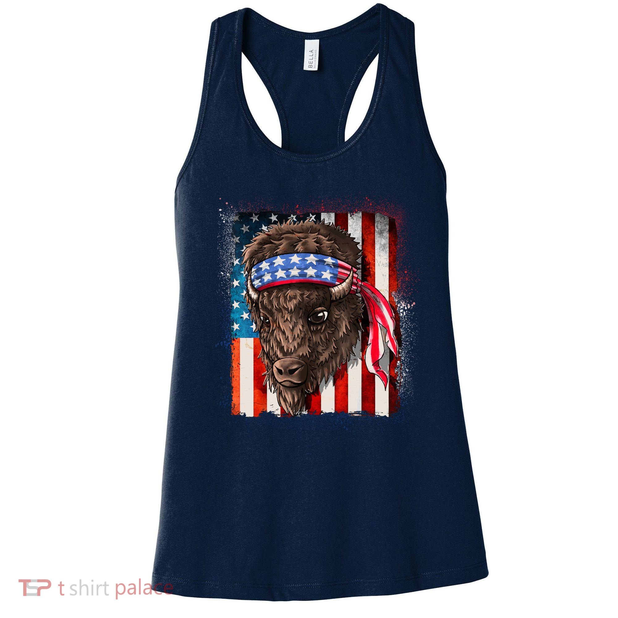 Funny Buffalo With American USA Flag Bandana Women's Tank Top