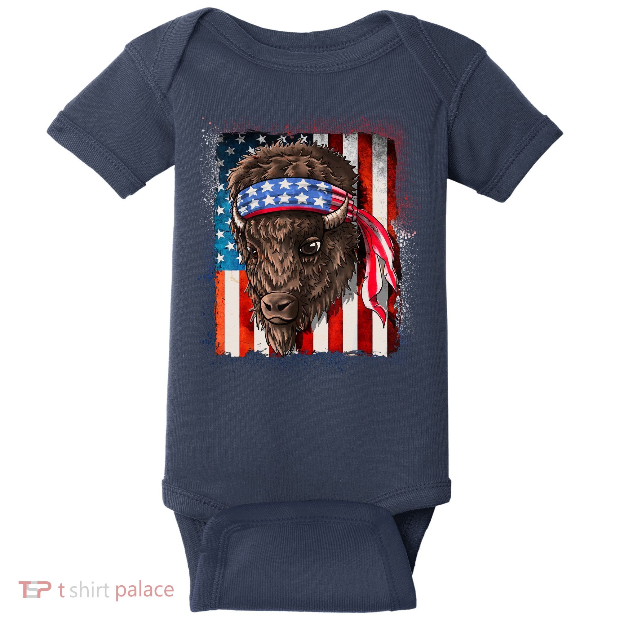 Funny Buffalo With American USA Flag Bandana Baby Bodysuit