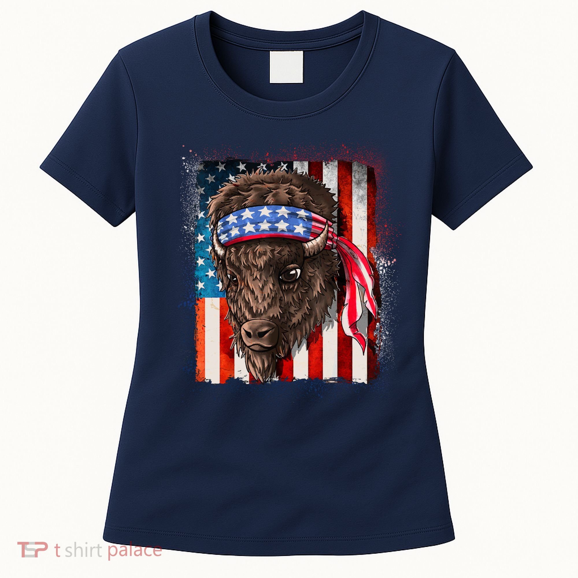 Funny Buffalo With American USA Flag Bandana Women's T-Shirt