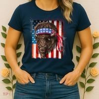 Funny Buffalo With American USA Flag Bandana Women's T-Shirt thumb 2