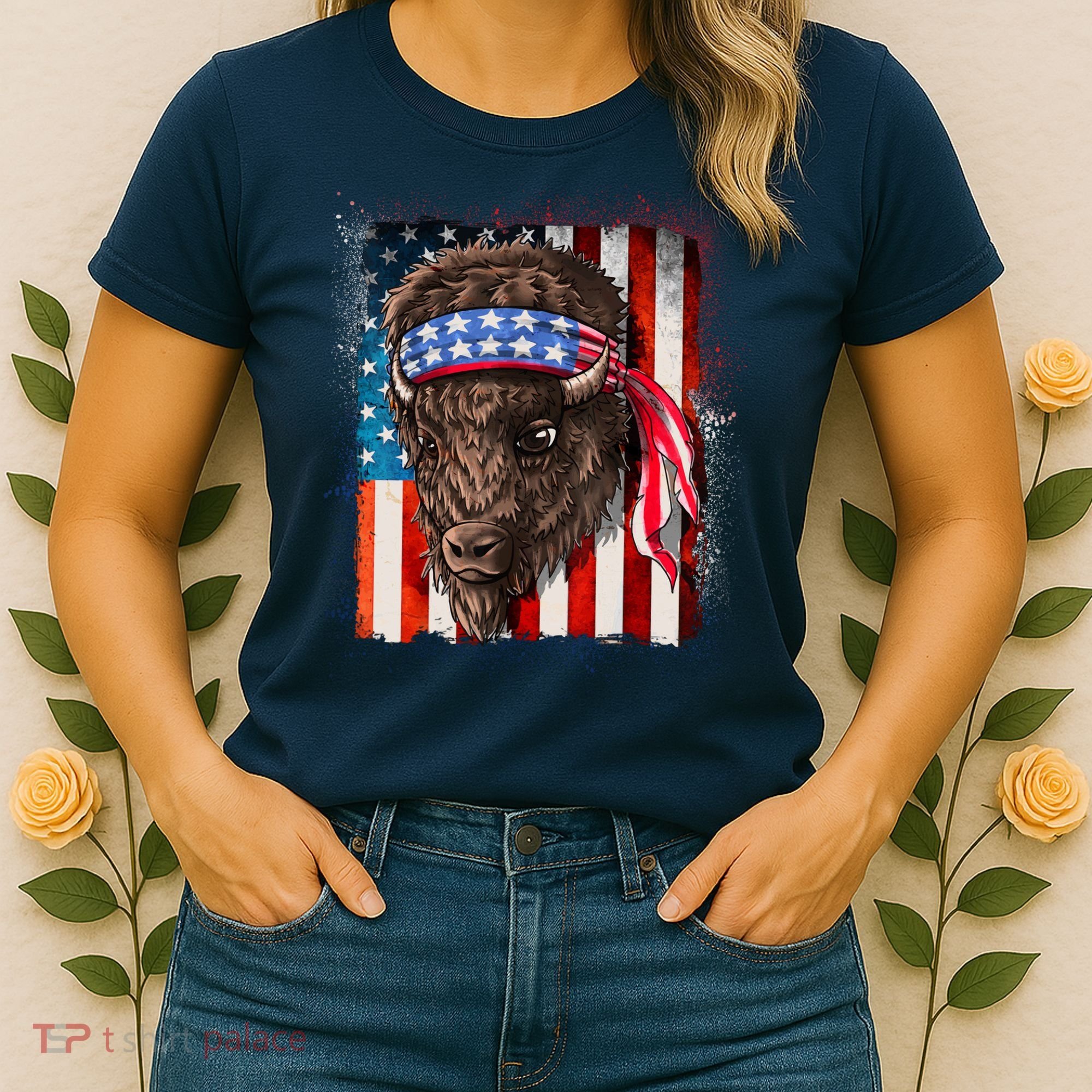 Funny Buffalo With American USA Flag Bandana Women's T-Shirt