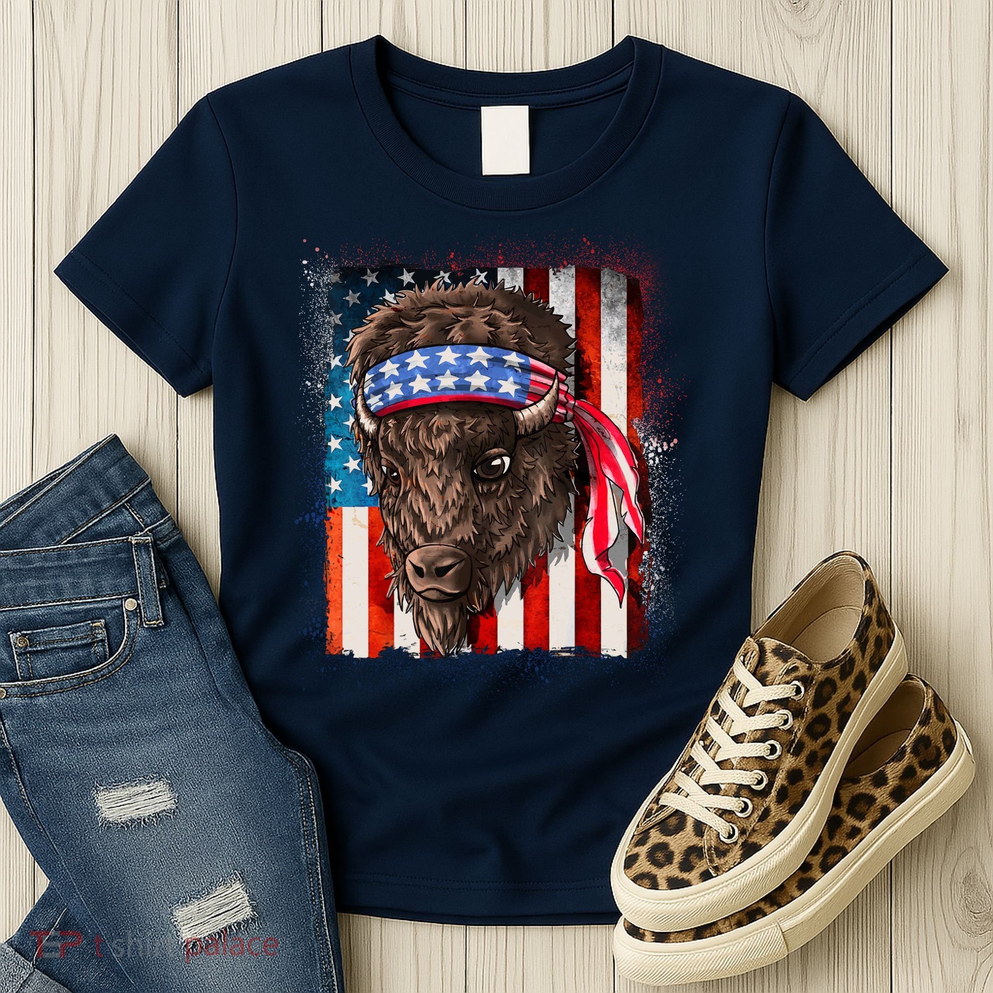Funny Buffalo With American USA Flag Bandana Women's T-Shirt
