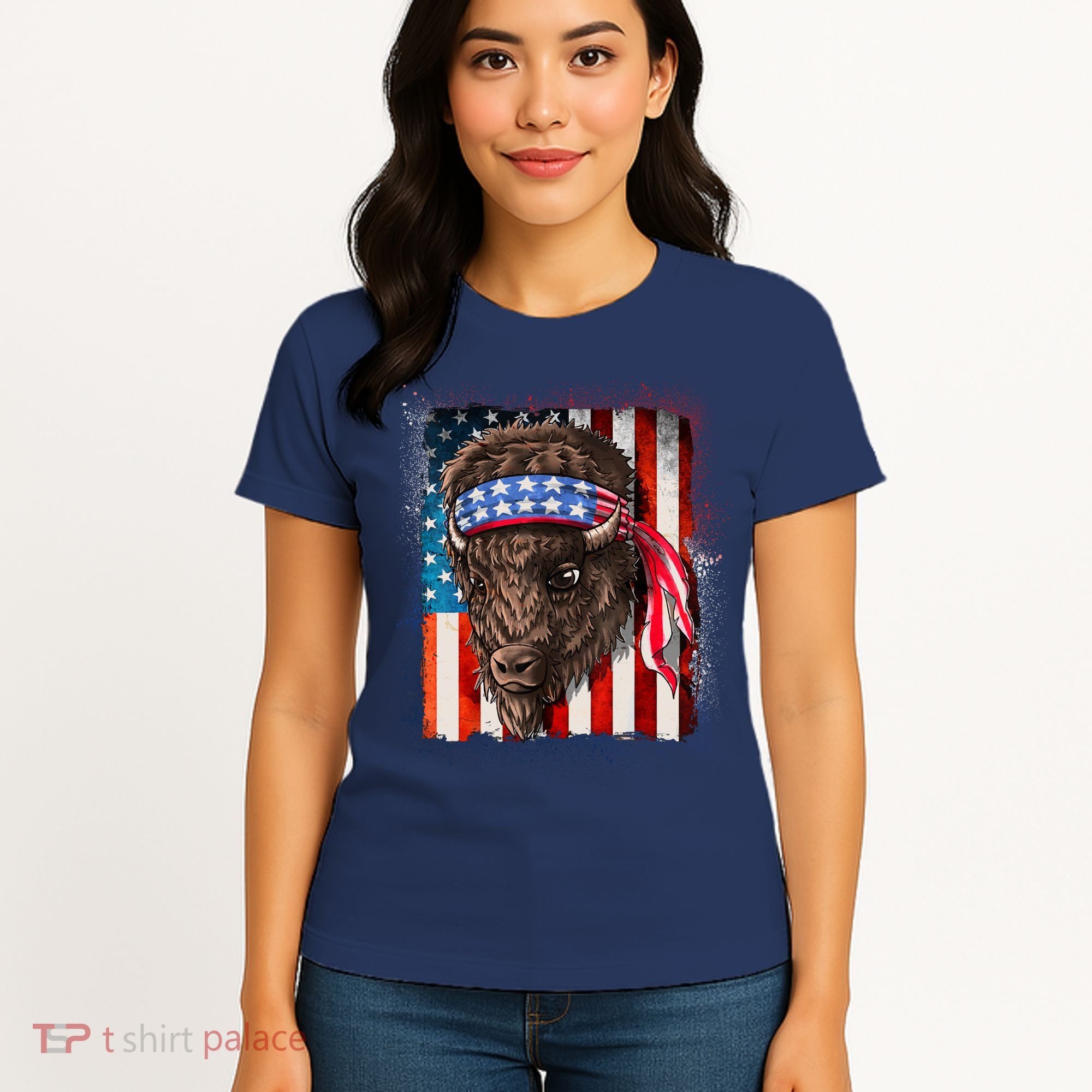 Funny Buffalo With American USA Flag Bandana Women's T-Shirt