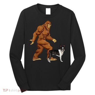 Funny Bigfoot Walking Boston Terrier Sasquatch Dog Long Sleeve Shirt