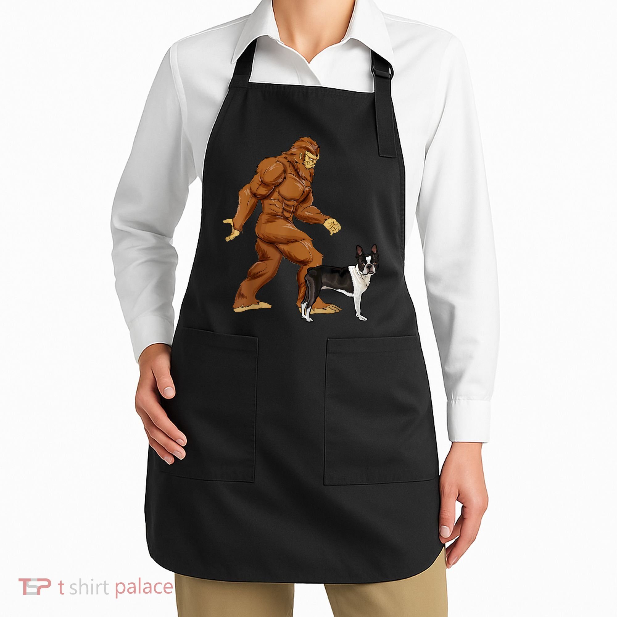 Funny Bigfoot Walking Boston Terrier Sasquatch Dog Apron