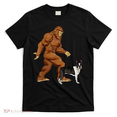 Funny Bigfoot Walking Boston Terrier Sasquatch Dog T-Shirt