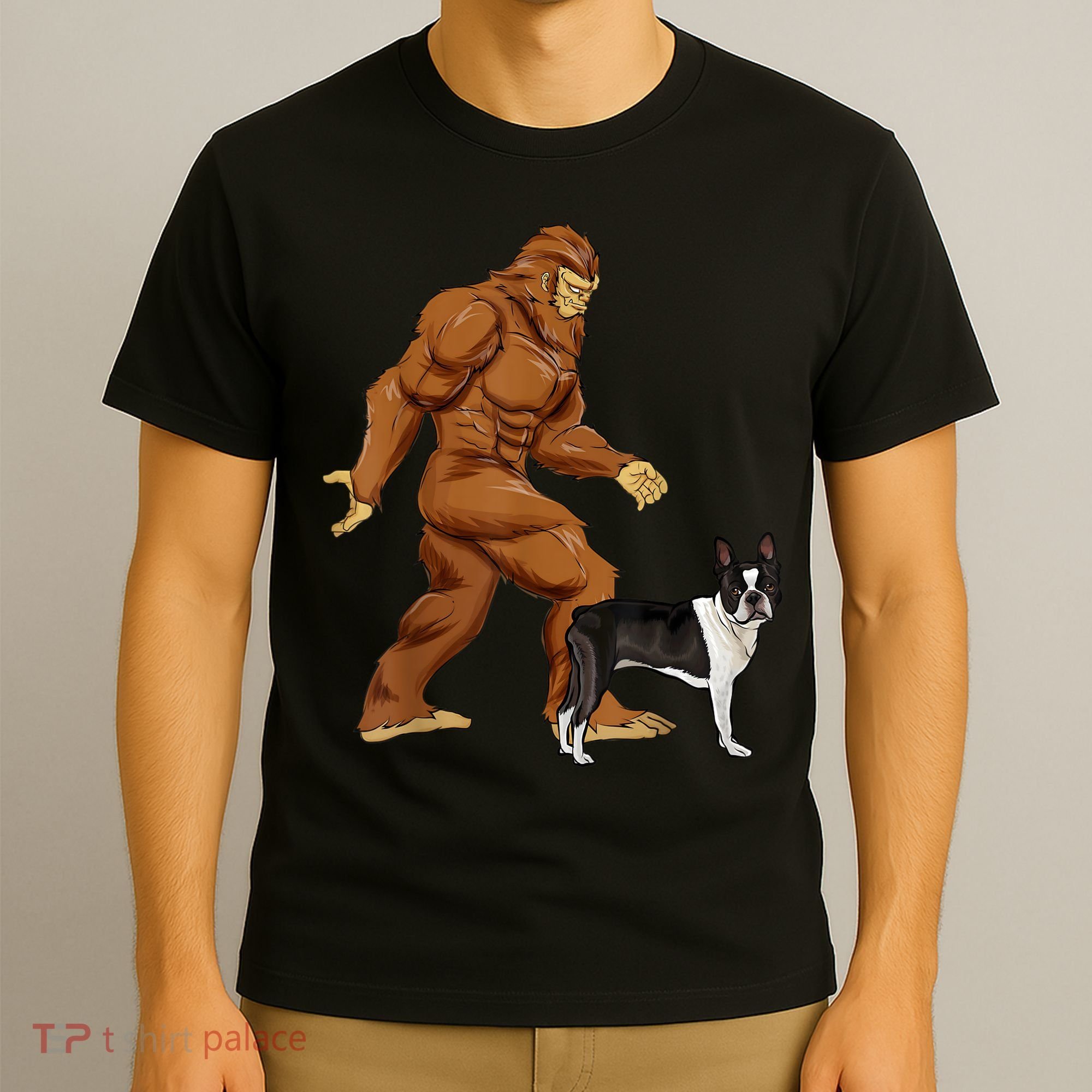 Funny Bigfoot Walking Boston Terrier Sasquatch Dog T-Shirt