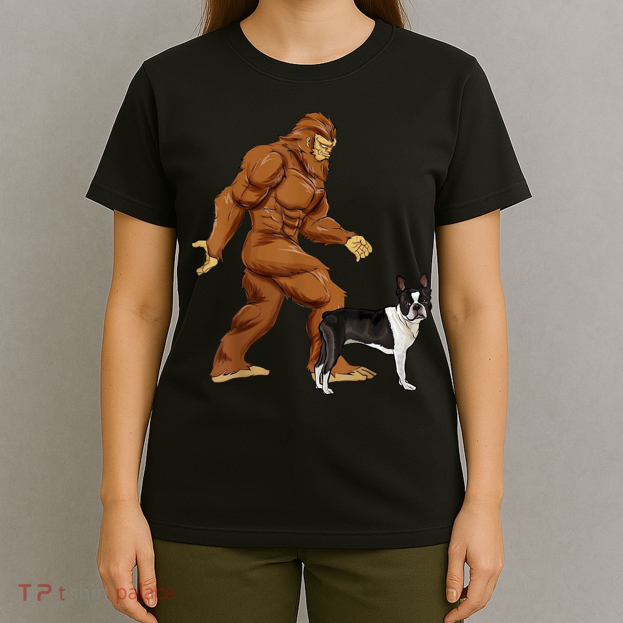 Funny Bigfoot Walking Boston Terrier Sasquatch Dog T-Shirt