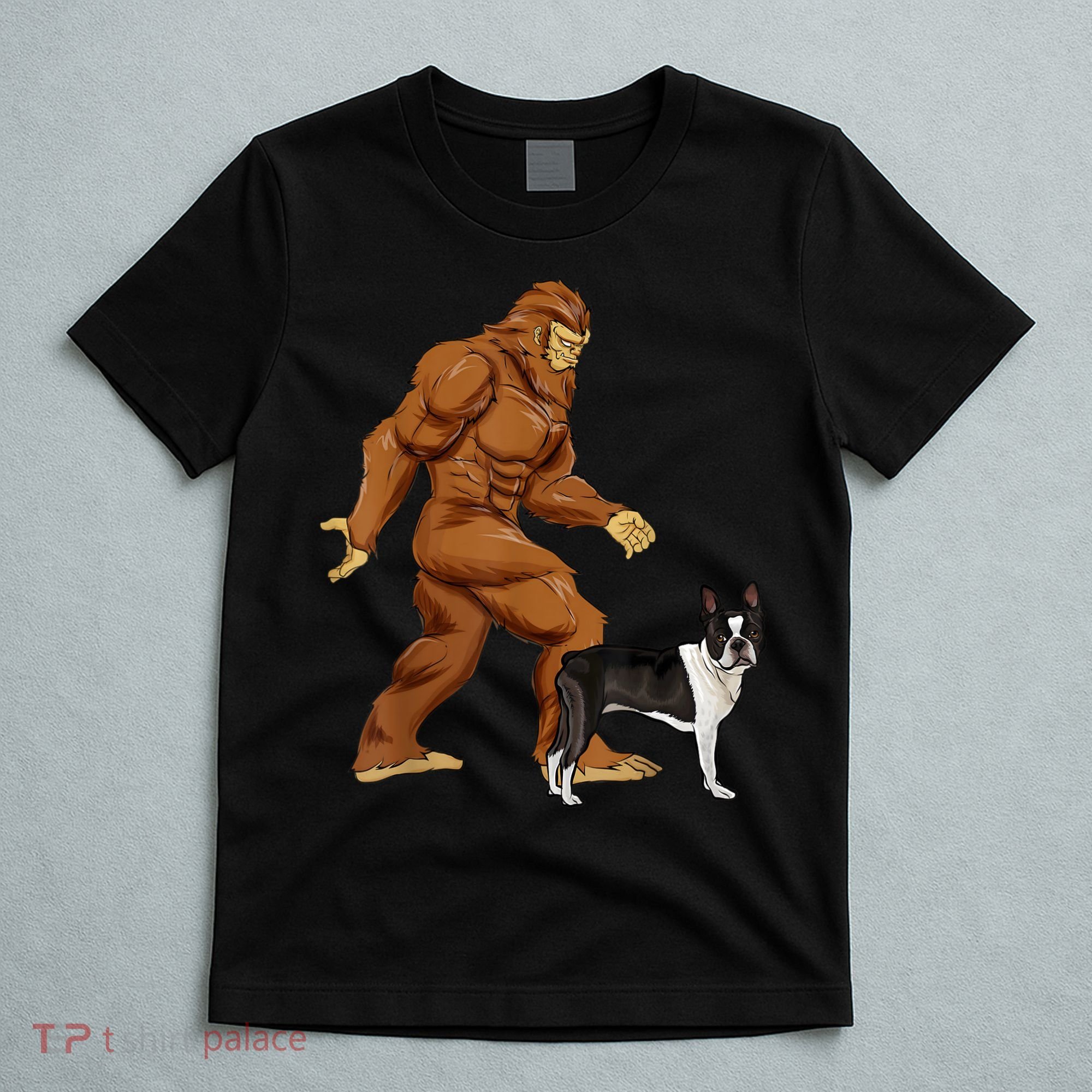 Funny Bigfoot Walking Boston Terrier Sasquatch Dog T-Shirt