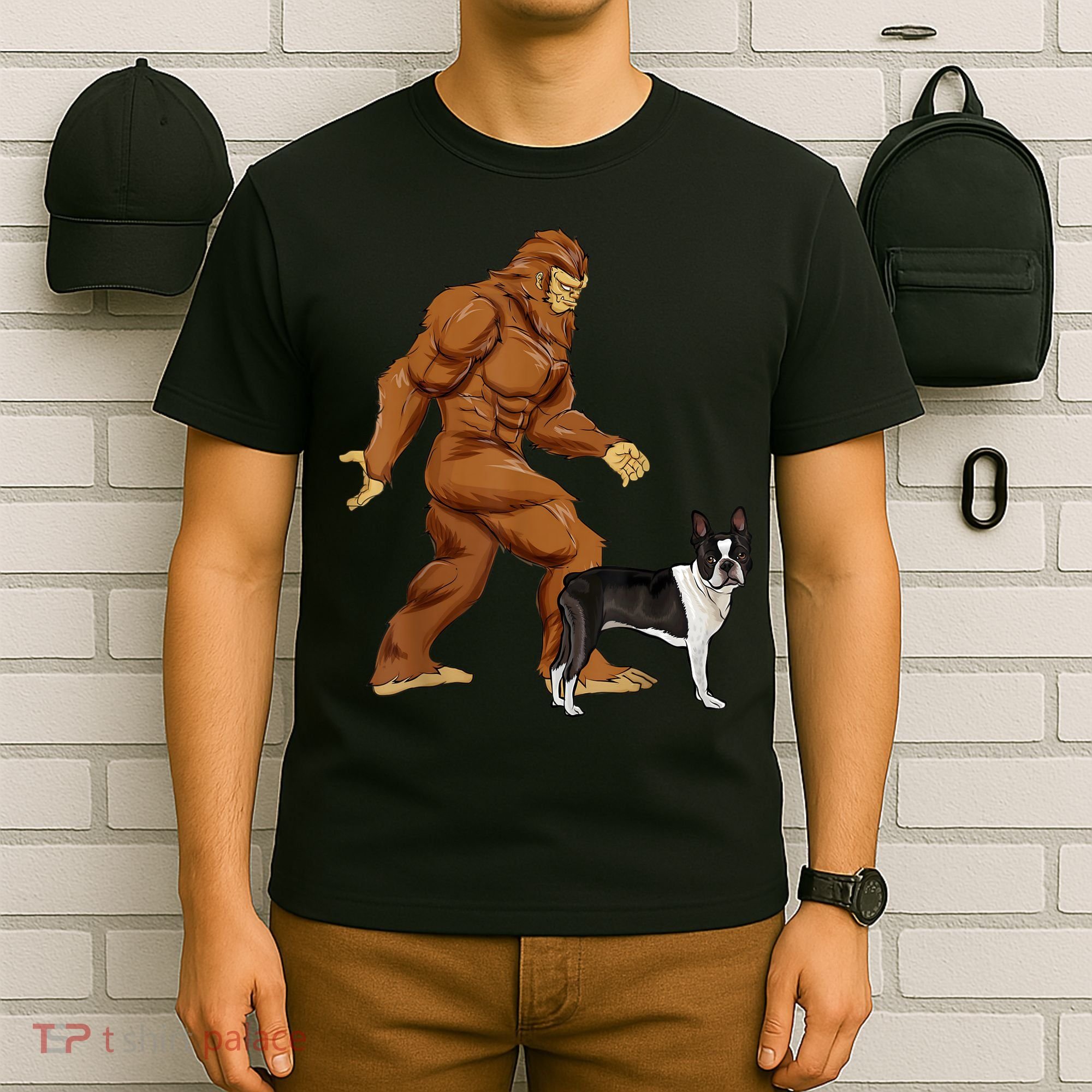 Funny Bigfoot Walking Boston Terrier Sasquatch Dog T-Shirt
