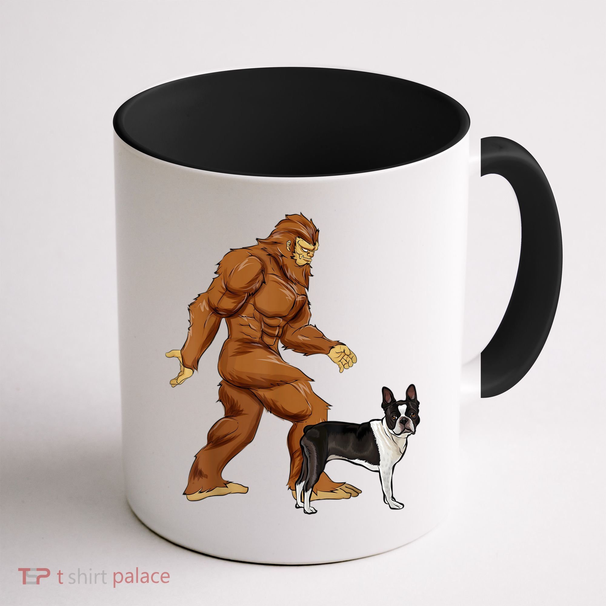 Funny Bigfoot Walking Boston Terrier Sasquatch Dog Coffee Mug