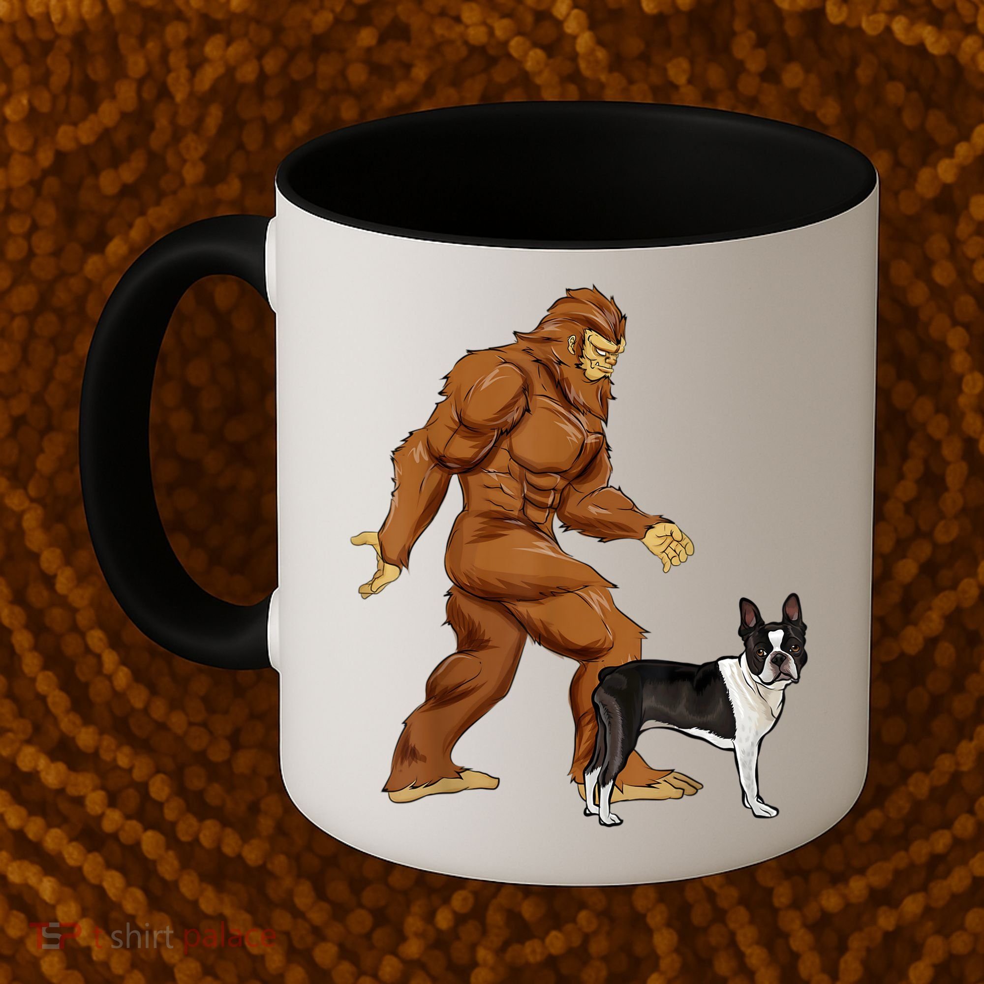 Funny Bigfoot Walking Boston Terrier Sasquatch Dog Coffee Mug