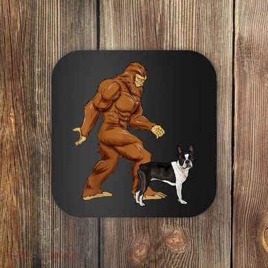 Funny Bigfoot Walking Boston Terrier Sasquatch Dog Coaster